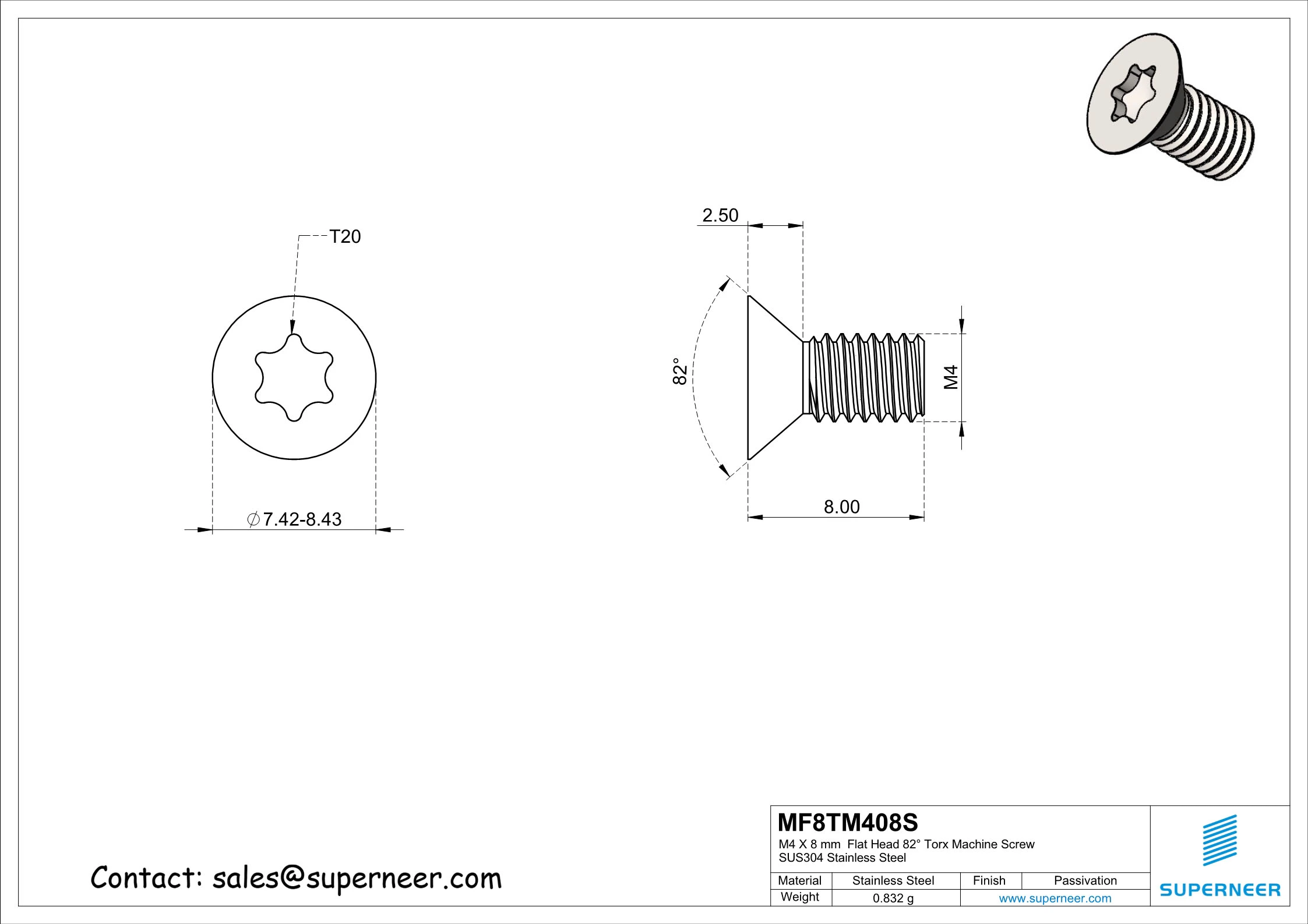 M4 x 8 mm Flat Head 82&deg; Torx Machine Screw SUS304 Stainless Steel Inox