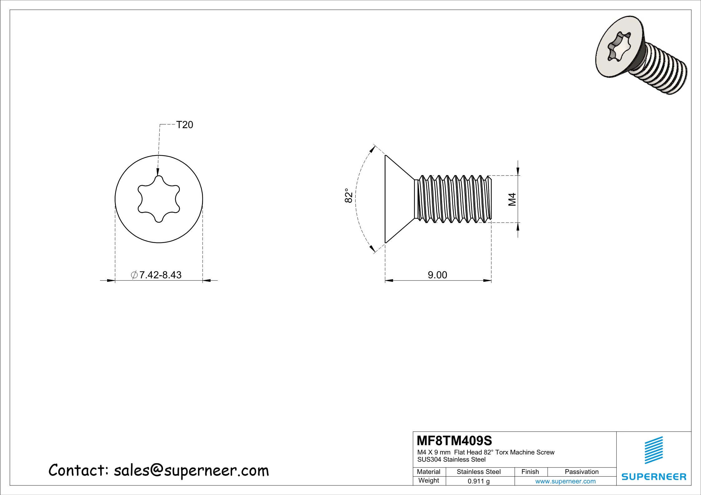 M4 x 9 mm Flat Head 82&deg; Torx Machine Screw SUS304 Stainless Steel Inox