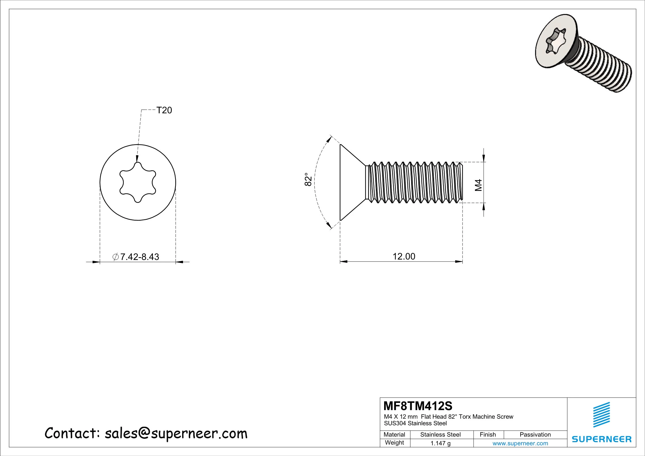 M4 x 12 mm Flat Head 82&deg; Torx Machine Screw SUS304 Stainless Steel Inox