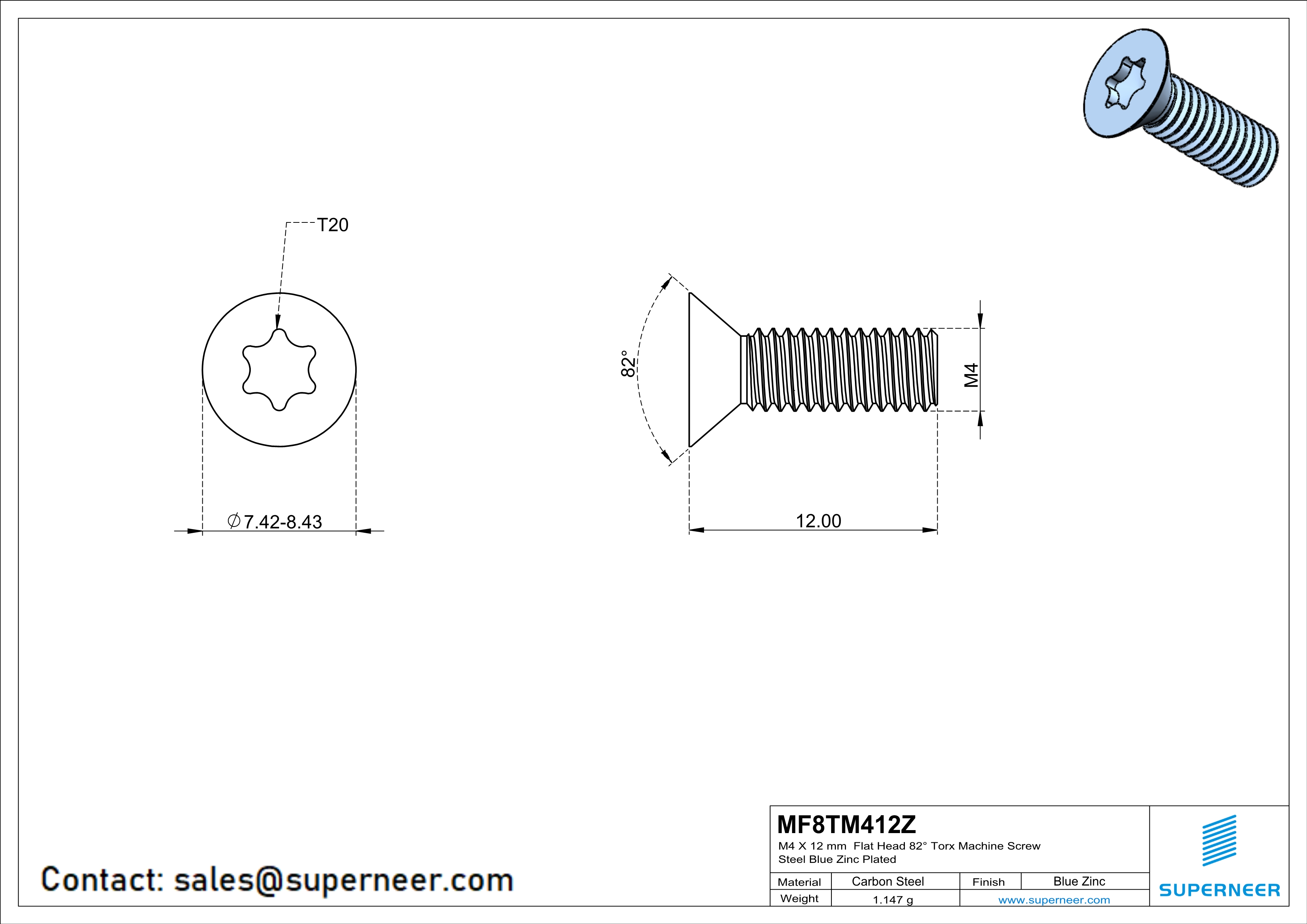 M4 x 12 mm Flat Head 82&deg; Torx Machine Screw Steel Blue Zinc Plated