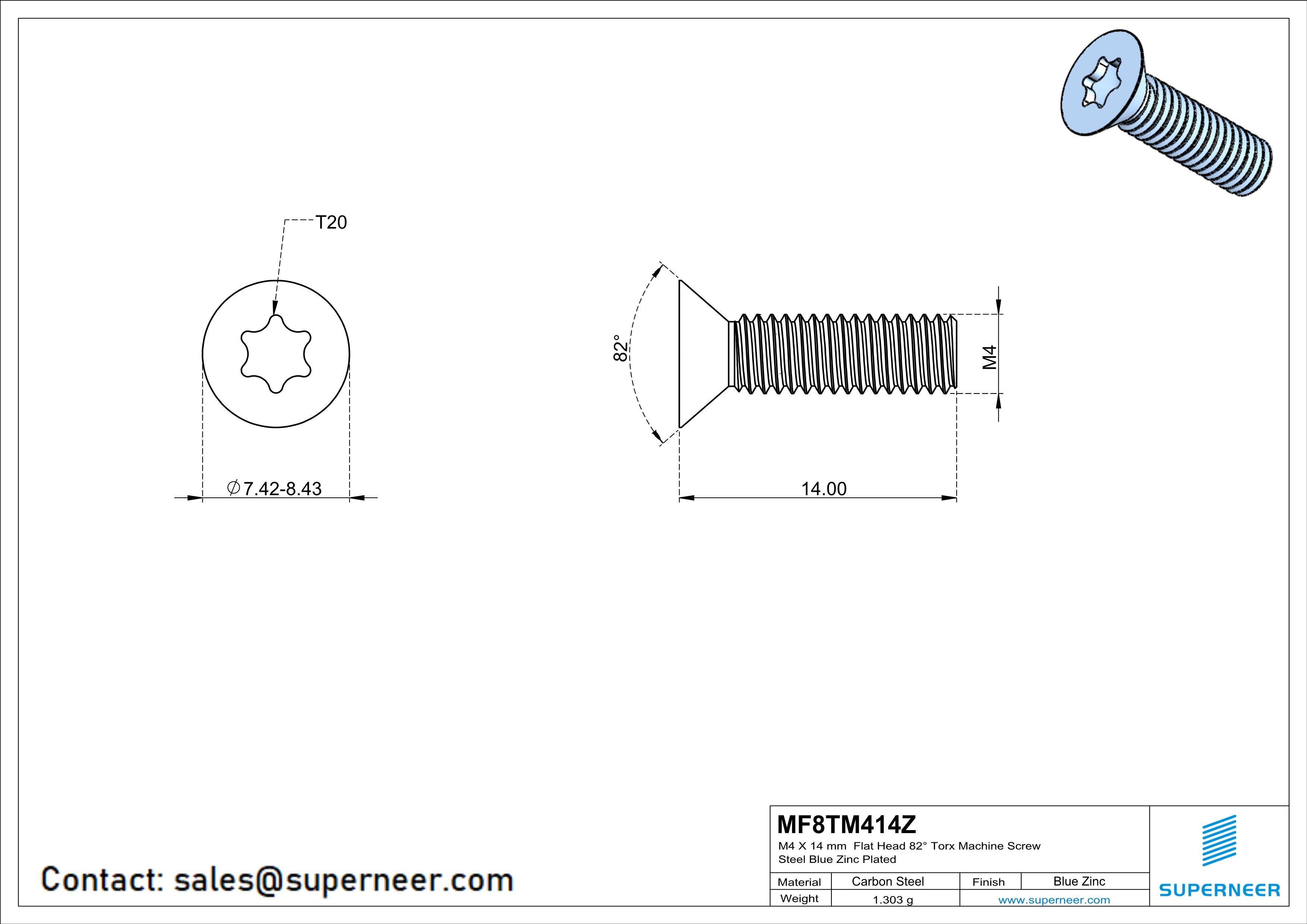 M4 x 14 mm Flat Head 82&deg; Torx Machine Screw Steel Blue Zinc Plated