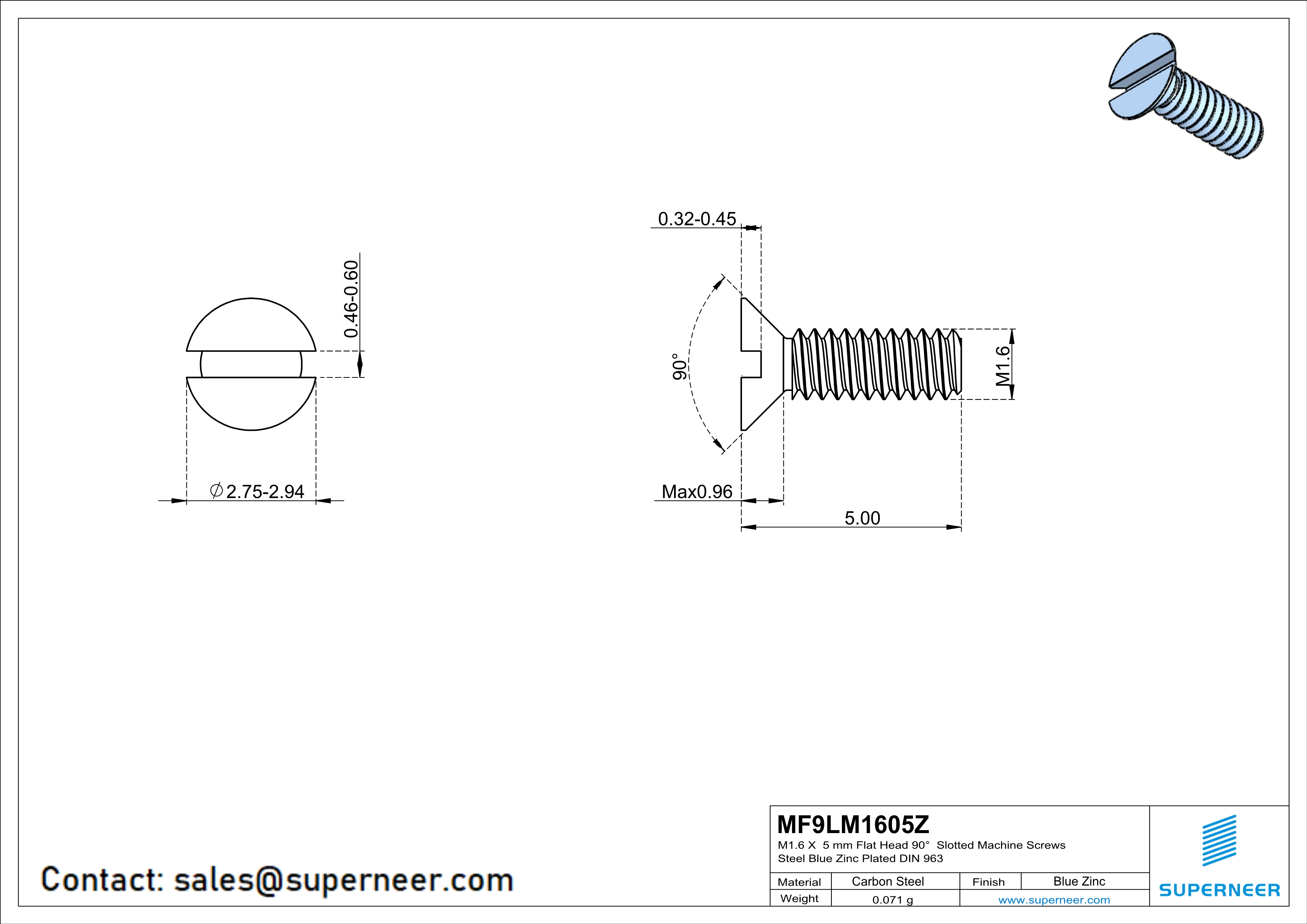 M1.6 x 5 mm Flat Head 90&deg; Slotted Machine Screws Steel Blue Zinc Plated DIN 963