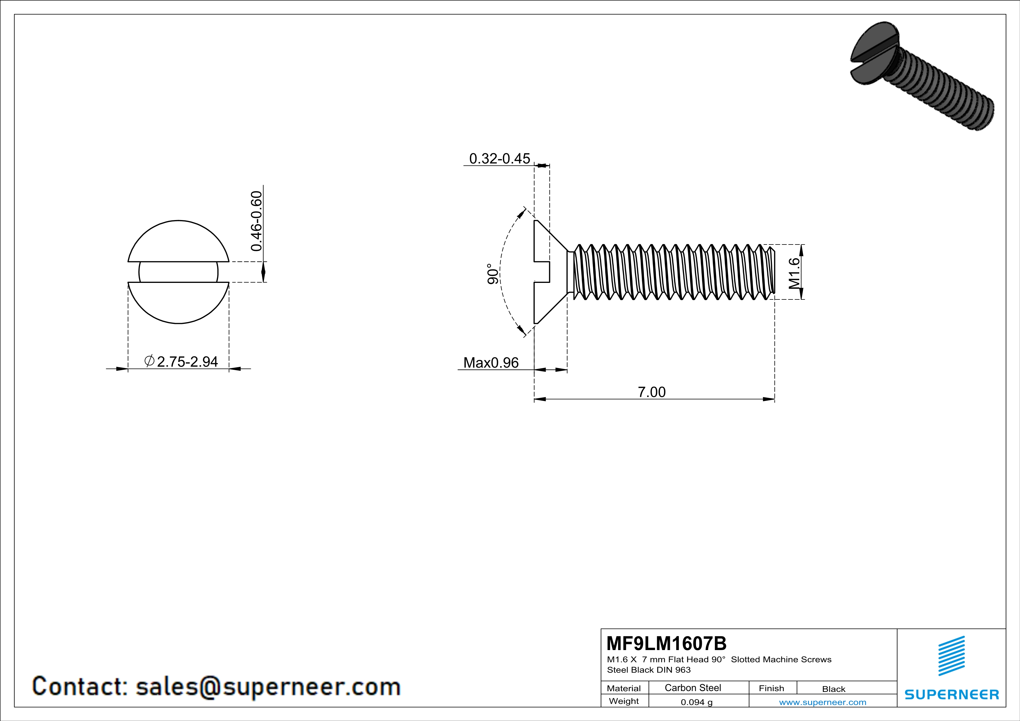 M1.6 x 7 mm Flat Head 90&deg; Slotted Machine Screws Steel Black DIN 963