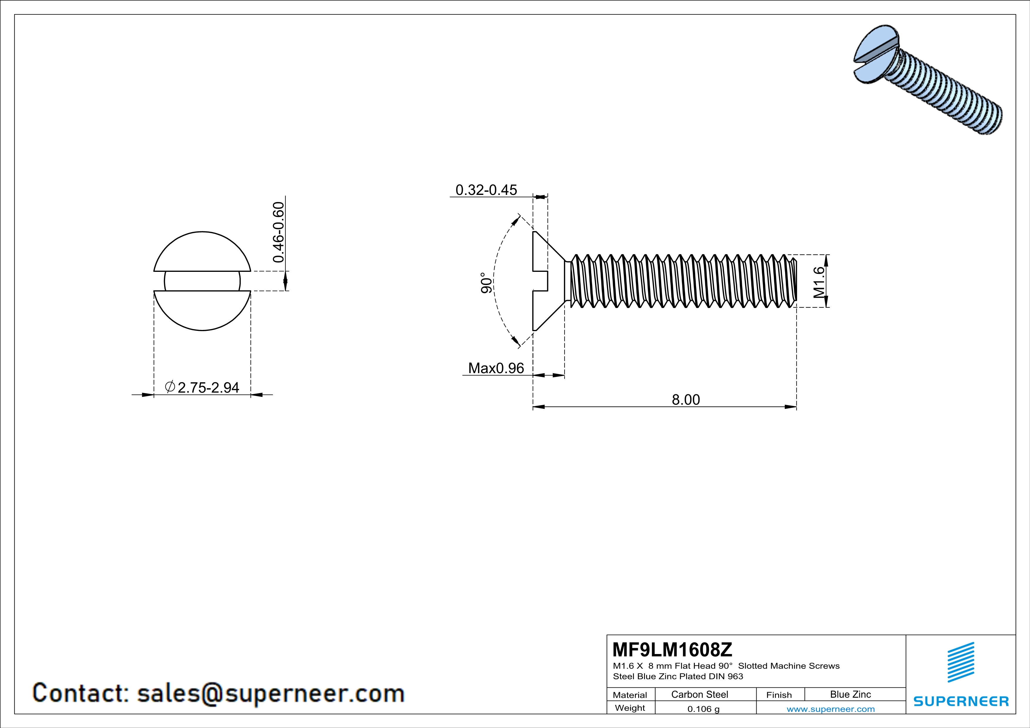 M1.6 x 8 mm Flat Head 90&deg; Slotted Machine Screws Steel Blue Zinc Plated DIN 963