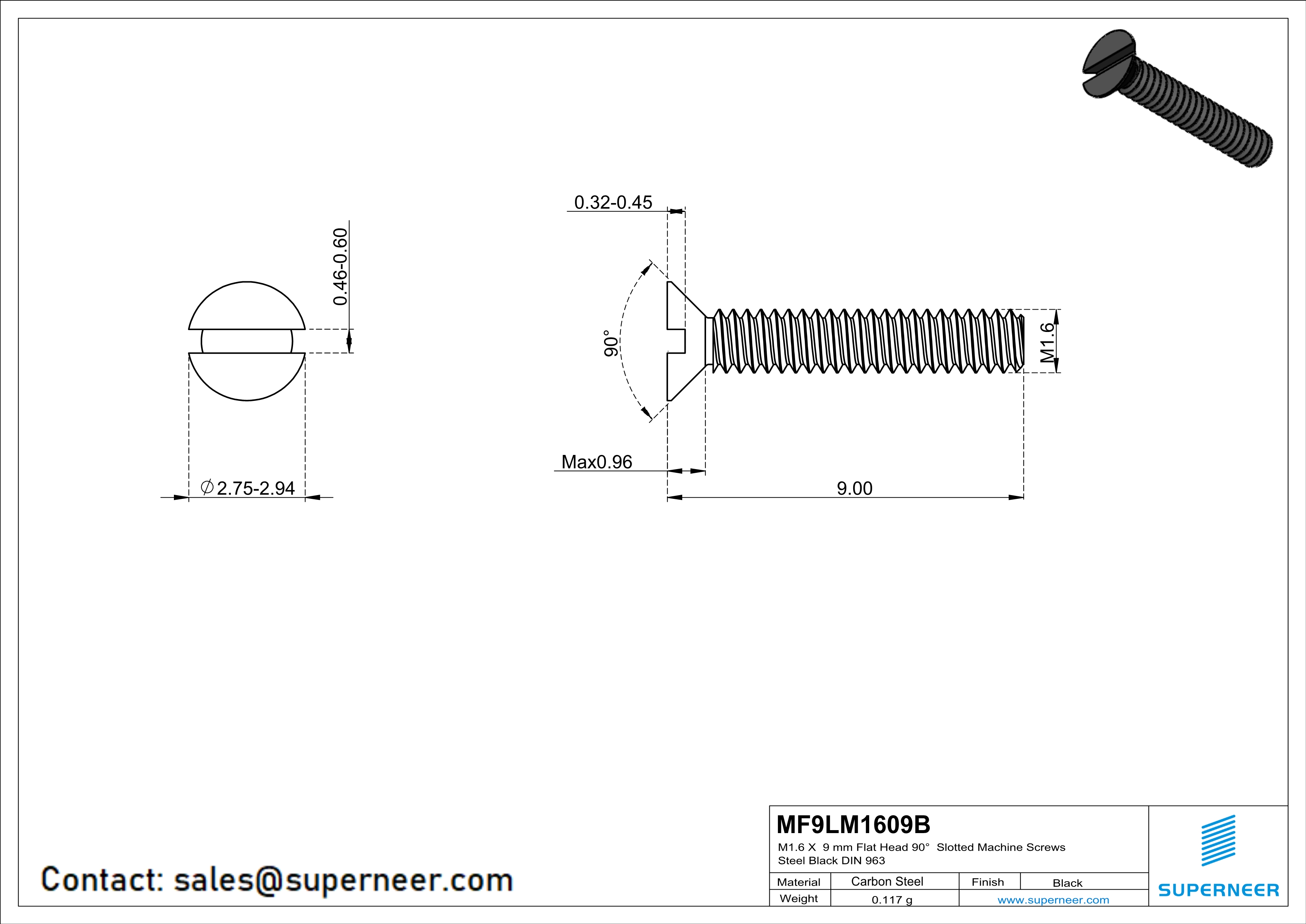 M1.6 x 9 mm Flat Head 90&deg; Slotted Machine Screws Steel Black DIN 963