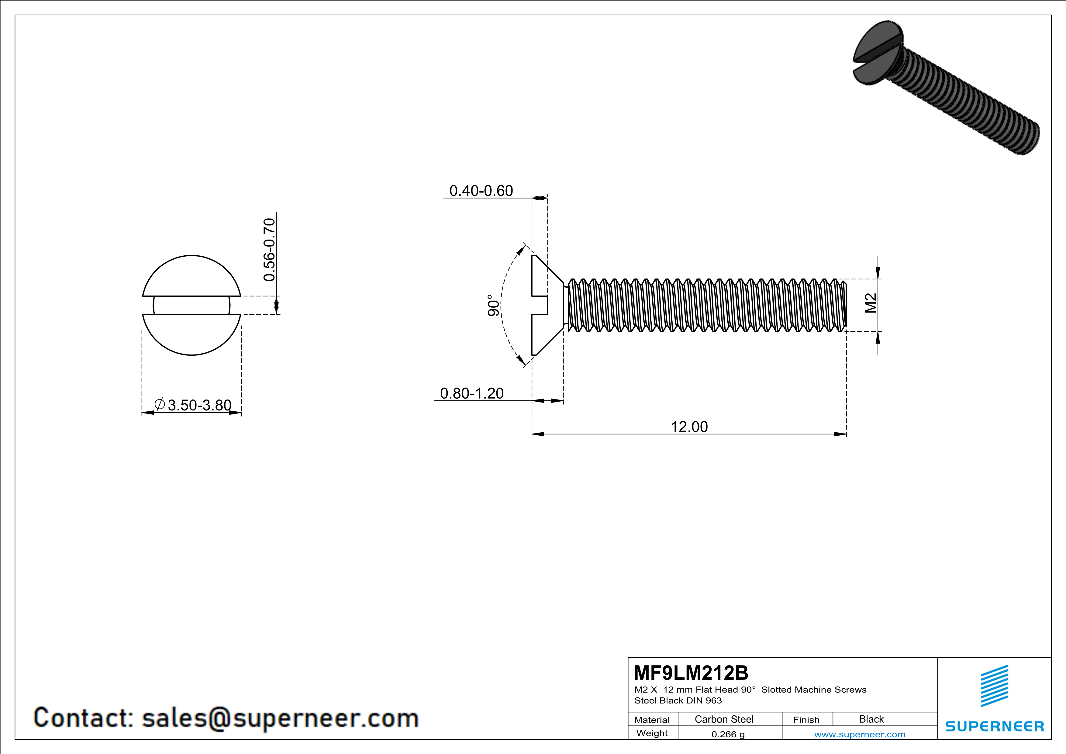 M2 x 12 mm Flat Head 90&deg; Slotted Machine Screws Steel Black DIN 963