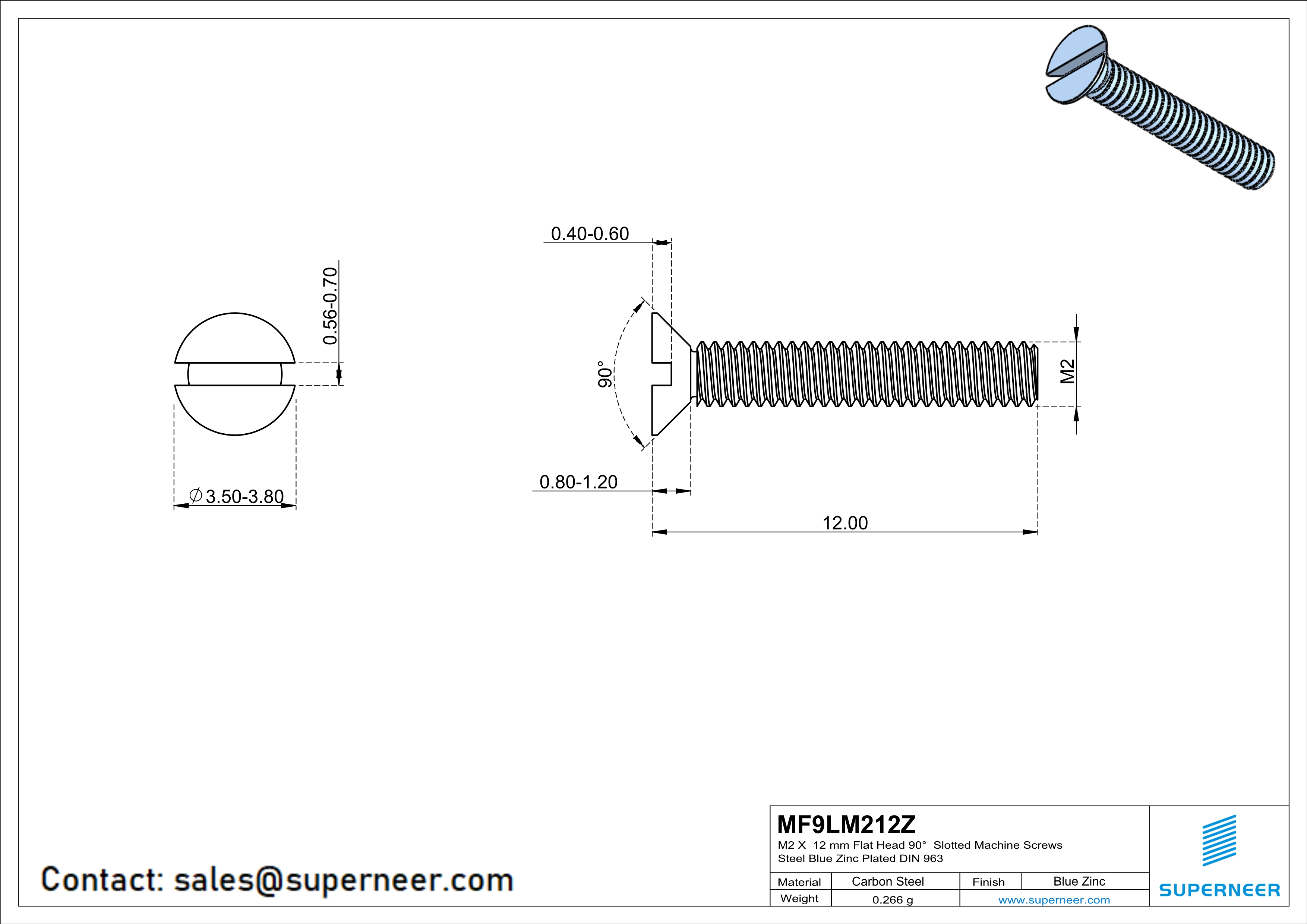 M2 x 12 mm Flat Head 90&deg; Slotted Machine Screws Steel Blue Zinc Plated DIN 963