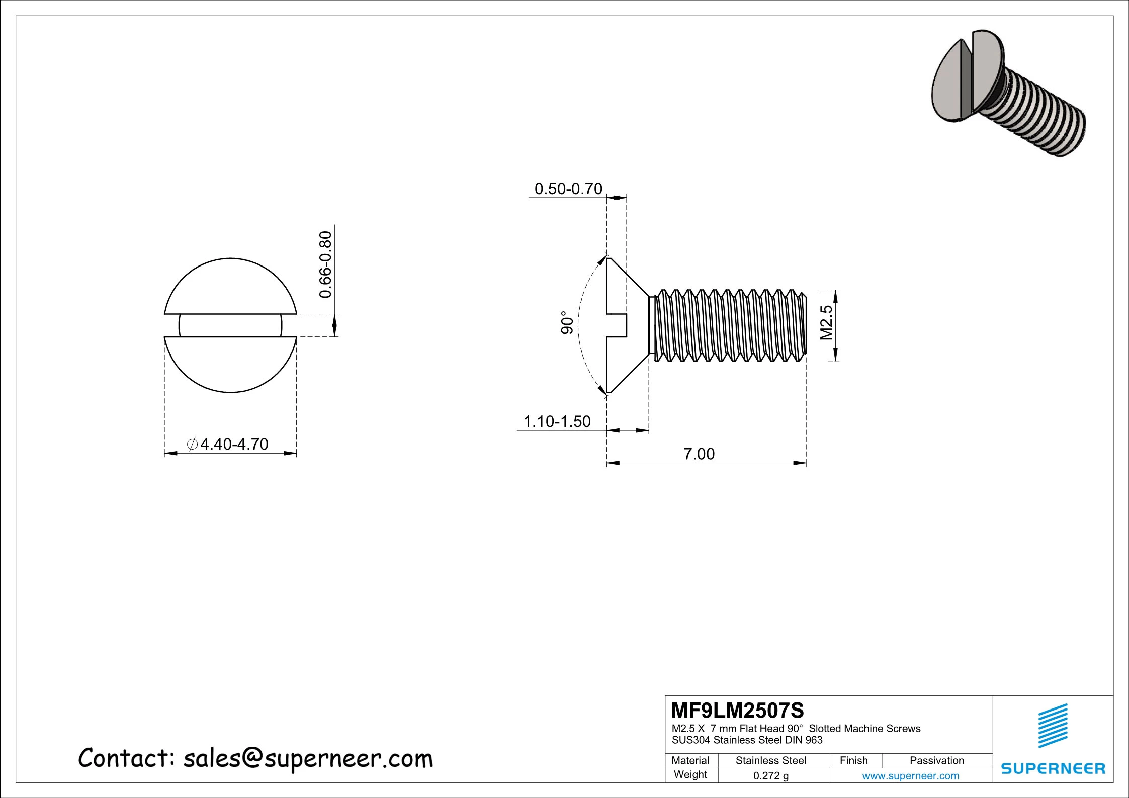 M2.5  x  7 mm Flat Head 90&deg;  Slotted Machine Screws SUS304 Stainless Steel Inox DIN 963