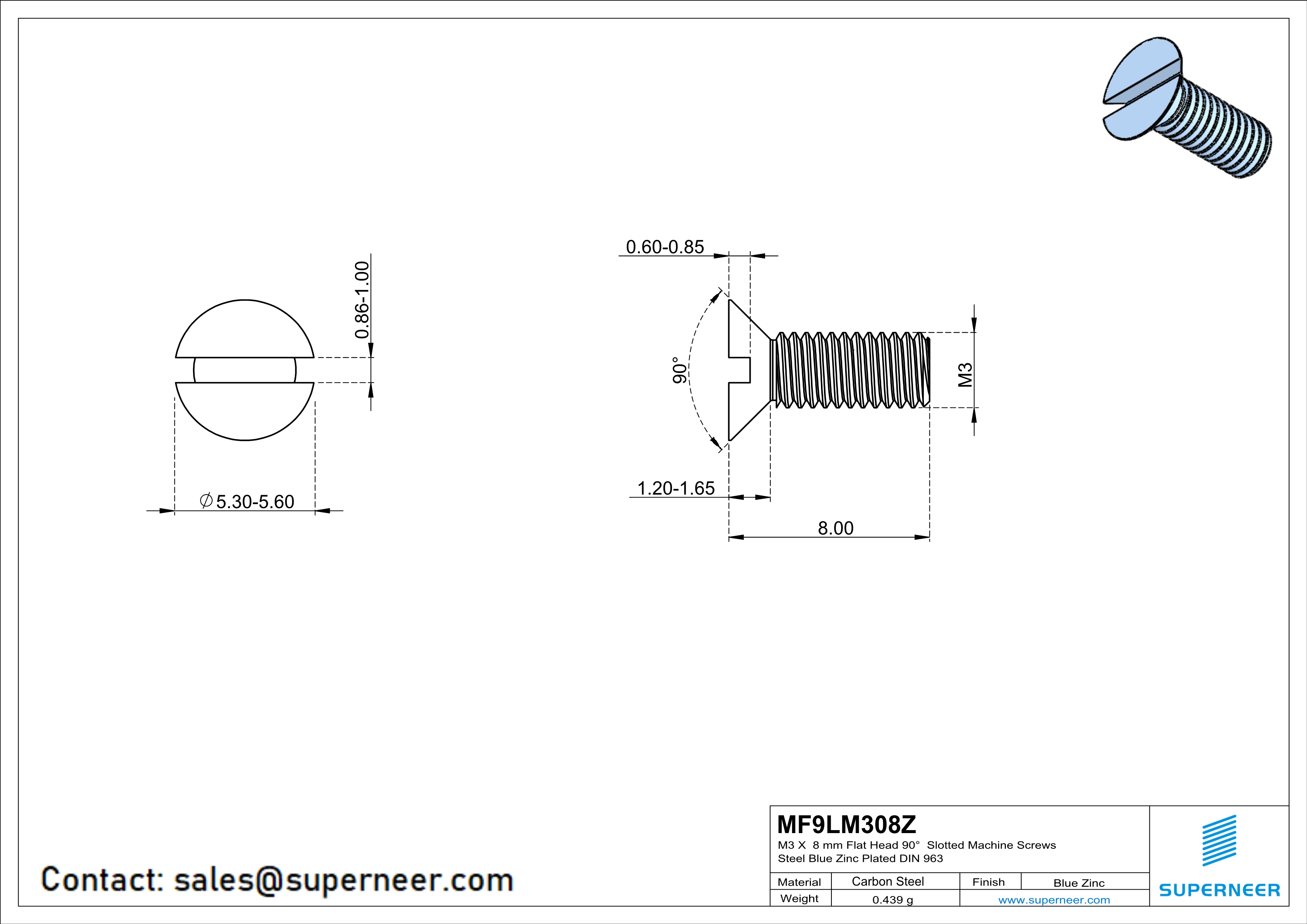 M3 x 8 mm Flat Head 90&deg; Slotted Machine Screws Steel Blue Zinc Plated DIN 963