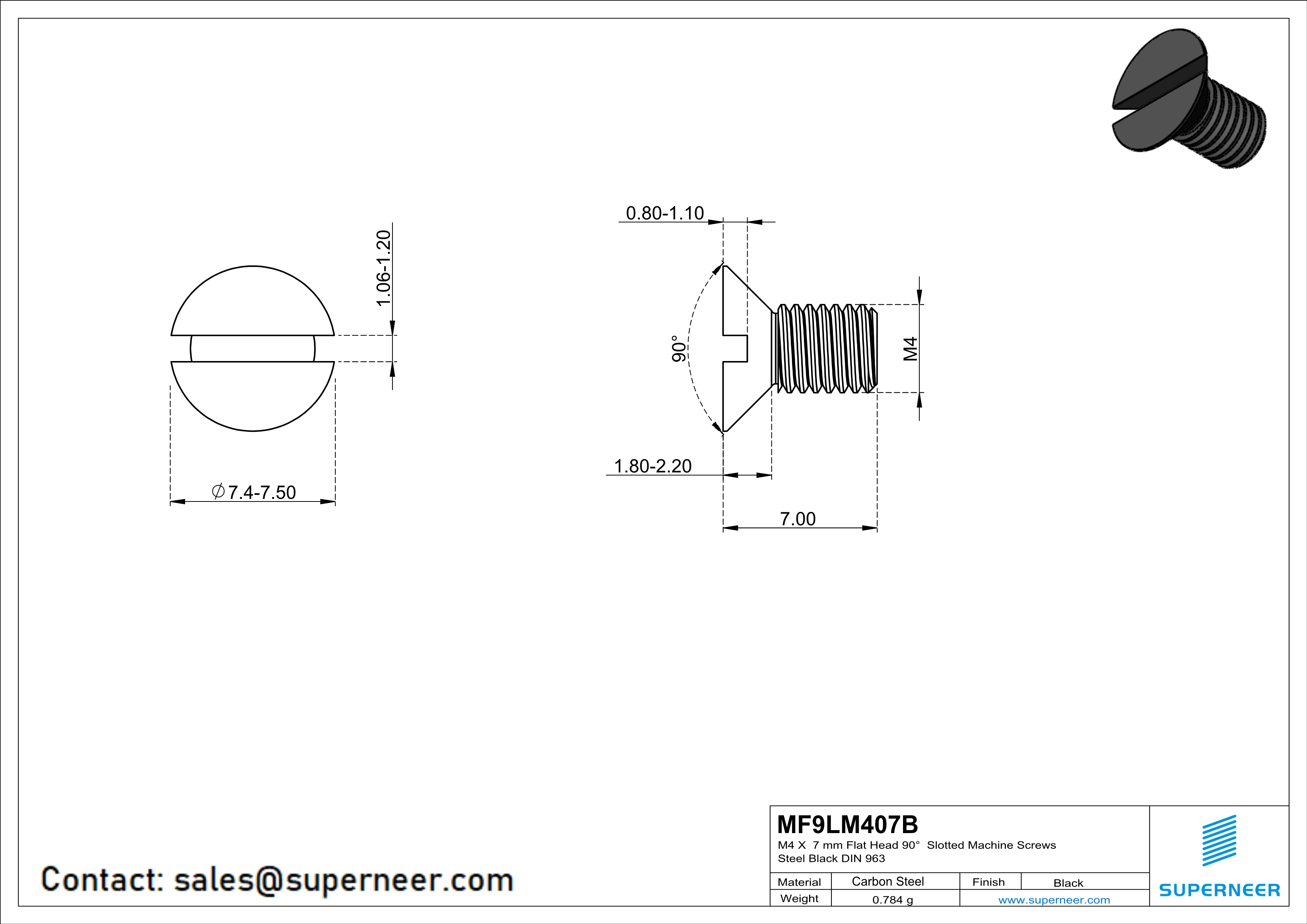 M4 x 7 mm Flat Head 90&deg; Slotted Machine Screws Steel Black DIN 963