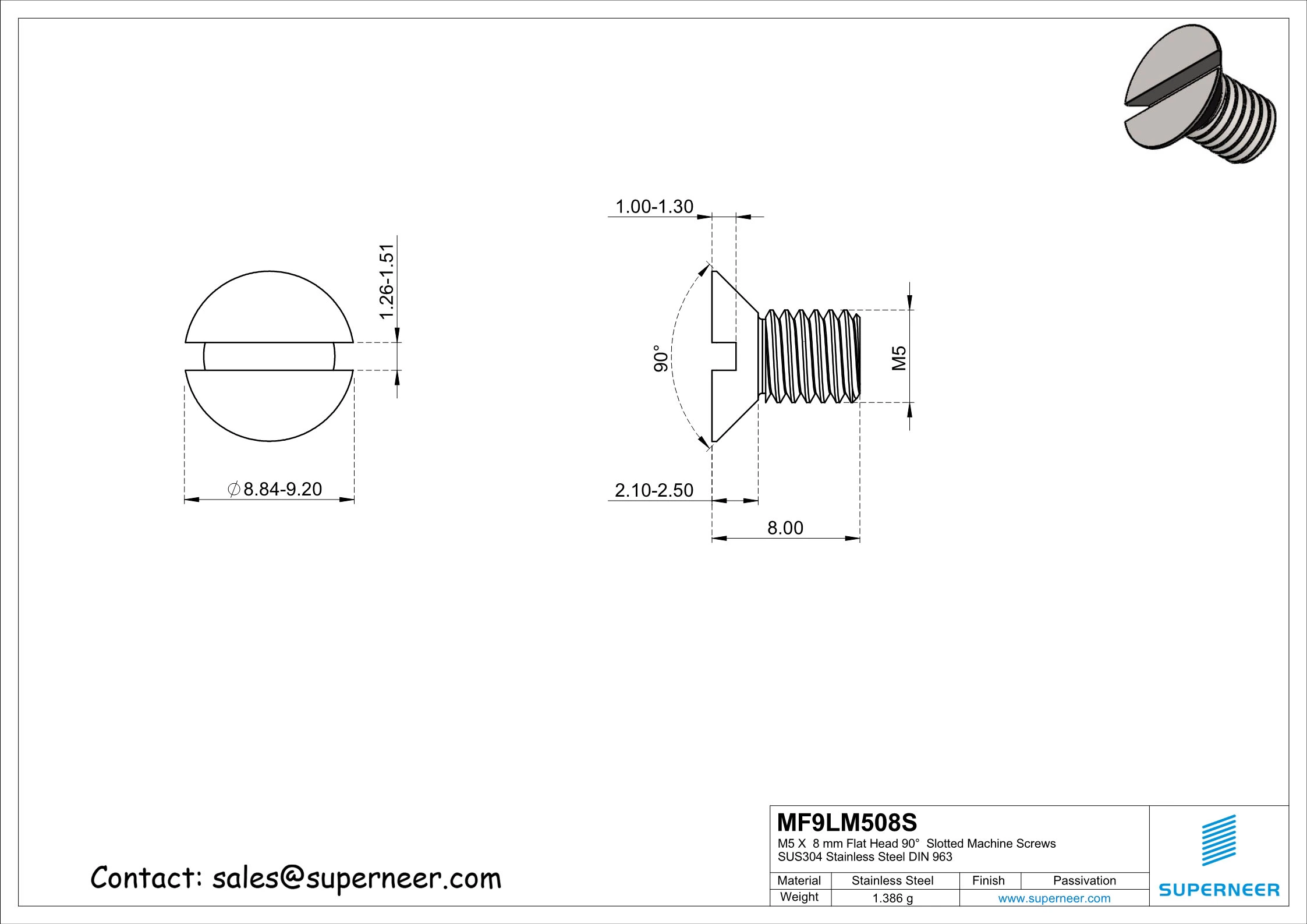 M5 x 8 mm Flat Head 90&deg;  Slotted Machine Screws SUS304 Stainless Steel Inox DIN 963