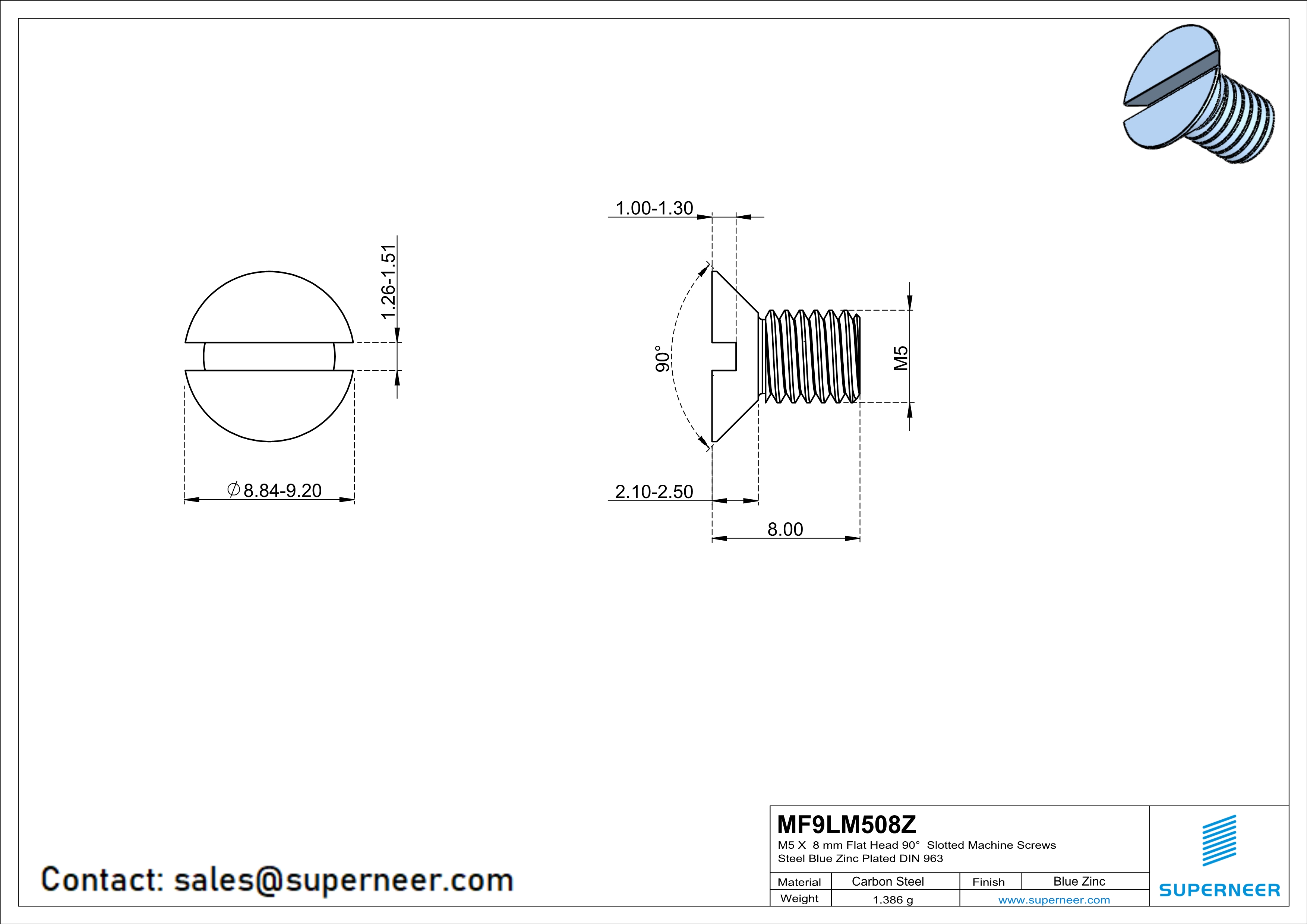 M5 x 8 mm Flat Head 90&deg; Slotted Machine Screws Steel Blue Zinc Plated DIN 963