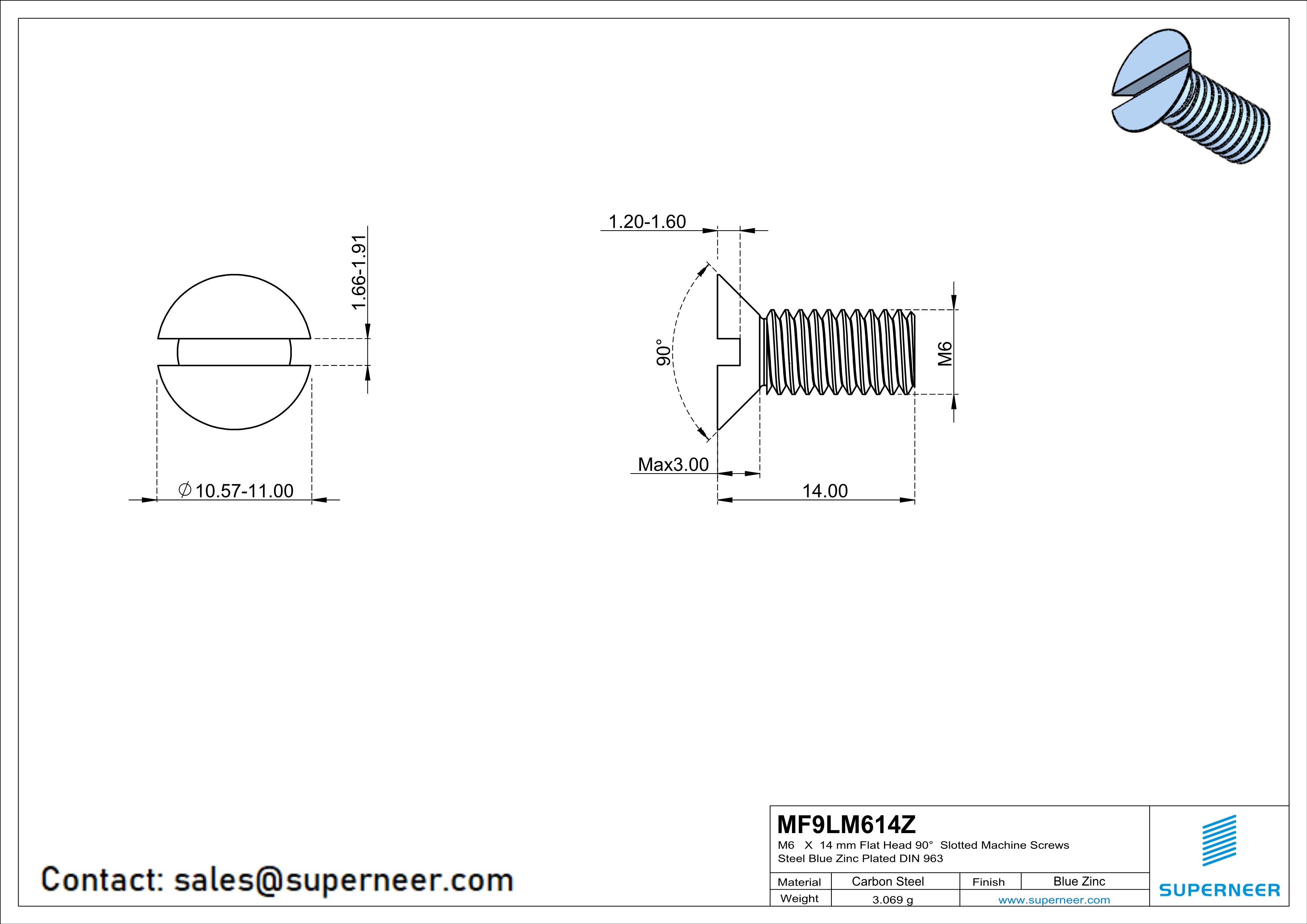 M6 x 14 mm Flat Head 90&deg; Slotted Machine Screws Steel Blue Zinc Plated DIN 963
