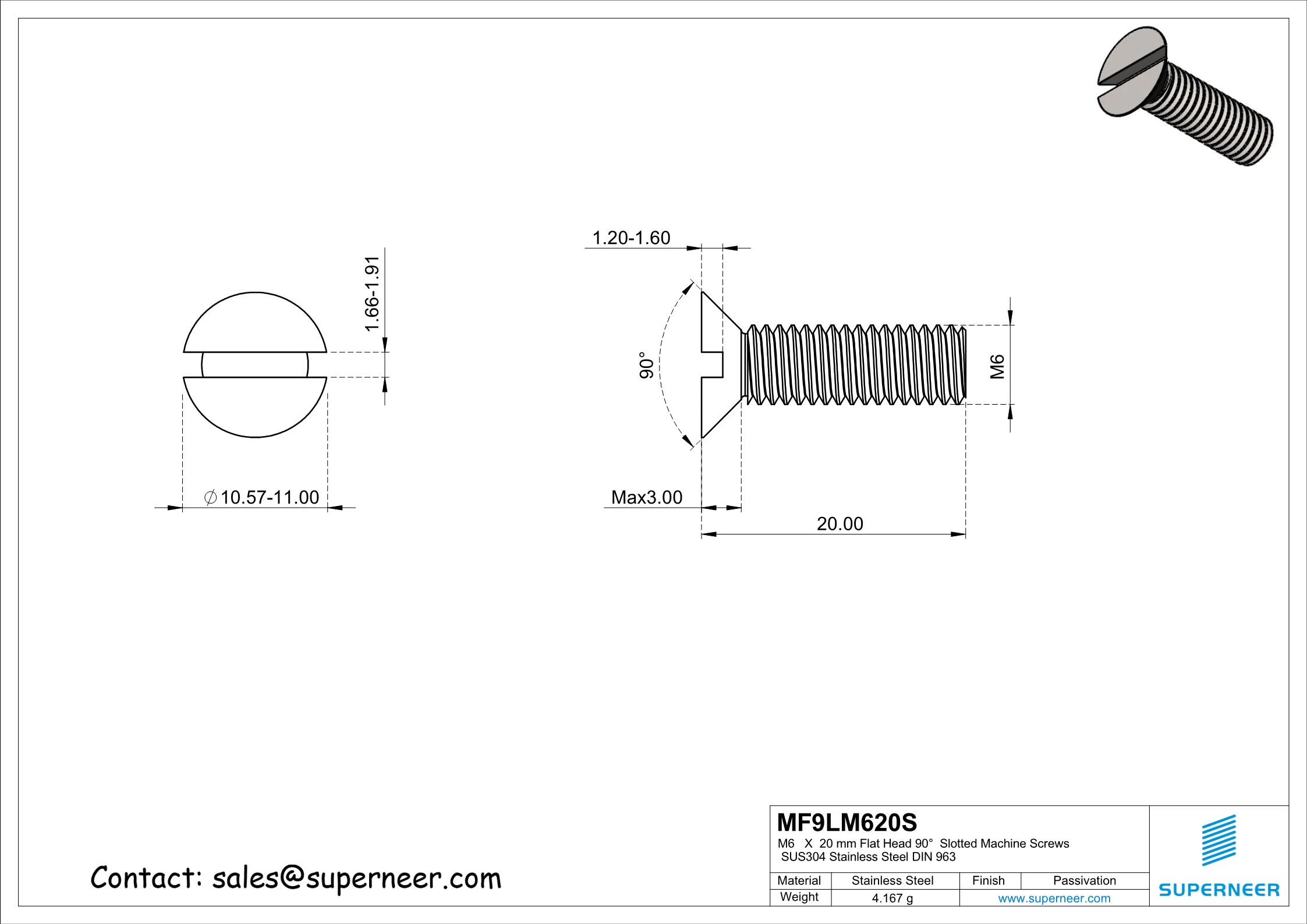 M6 x 20 mm Flat Head 90&deg;  Slotted Machine Screws SUS304 Stainless Steel Inox DIN 963