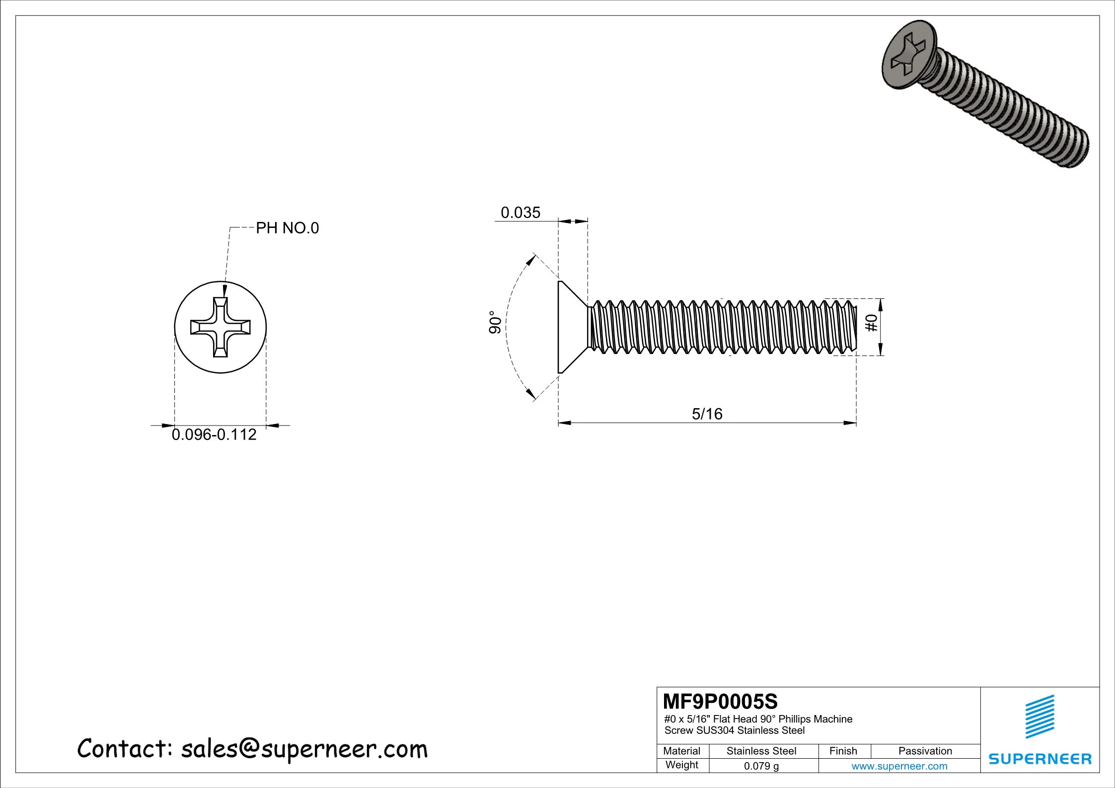 0-80 x 5/16" Flat Head 90&deg; Phillips Machine Screw SUS304 Stainless Steel Inox ANSI/ASME B18.6.3 