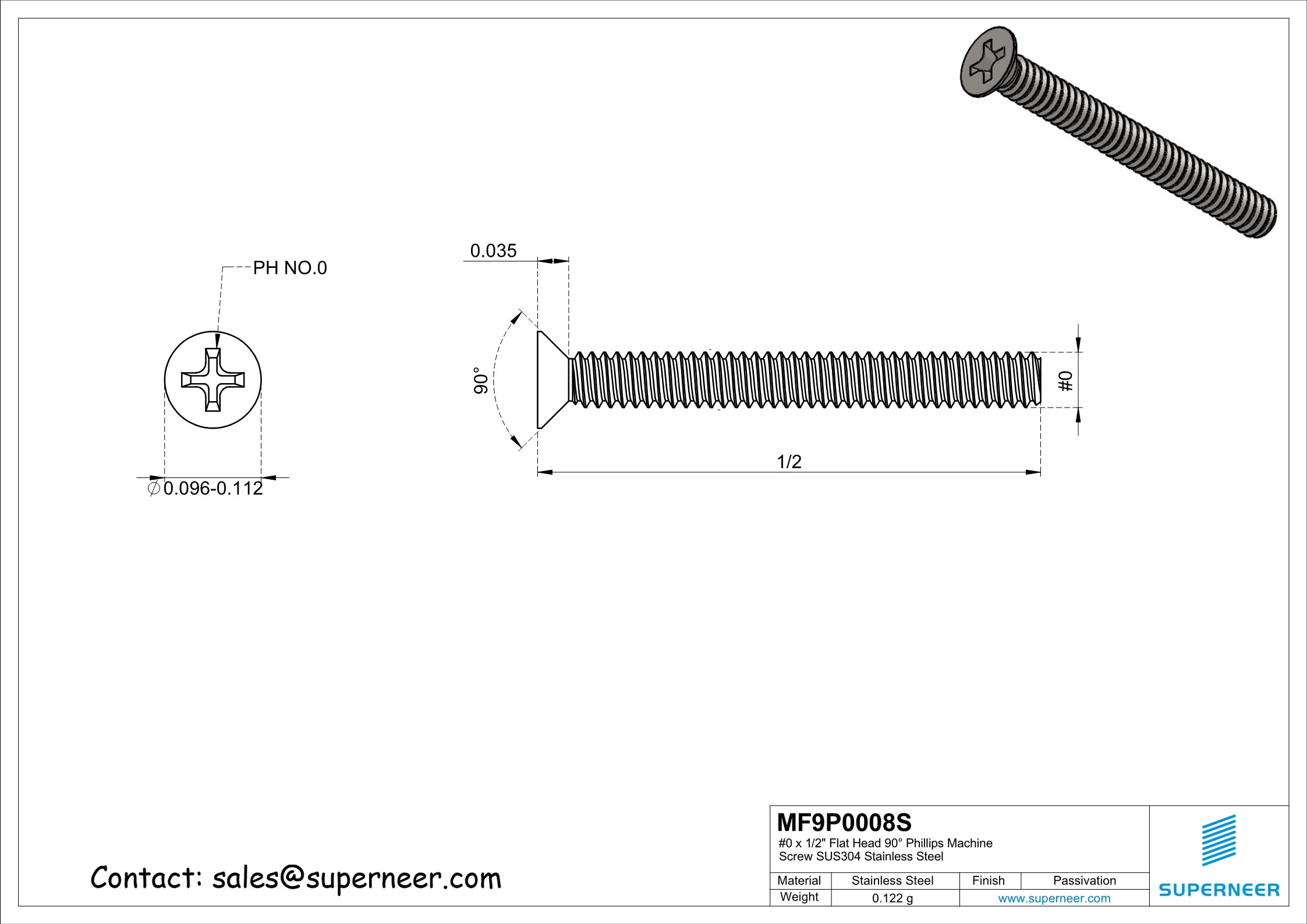 0-80 x 1/2" Flat Head 90&deg;  Phillips Machine Screw SUS304 Stainless Steel Inox ANSI/ASME B18.6.3 