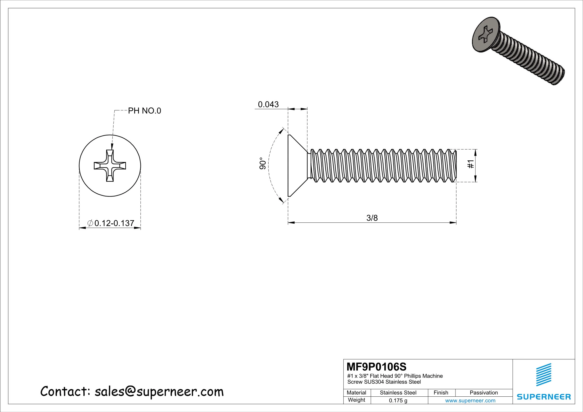 1 x 3/8" Flat Head 90&deg;  Phillips Machine Screw SUS304 Stainless Steel Inox ANSI/ASME B18.6.3 