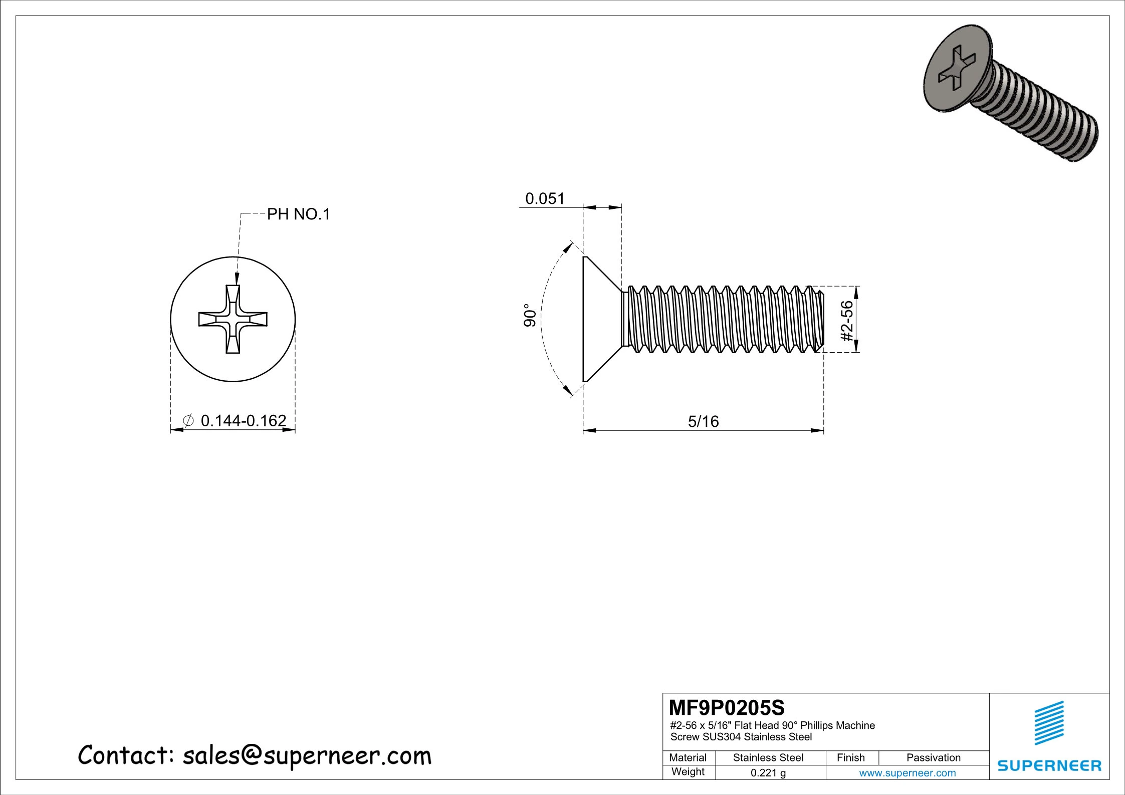 2-56 x 5/16" Flat Head 90&deg;  Phillips Machine Screw SUS304 Stainless Steel Inox ANSI/ASME B18.6.3 
