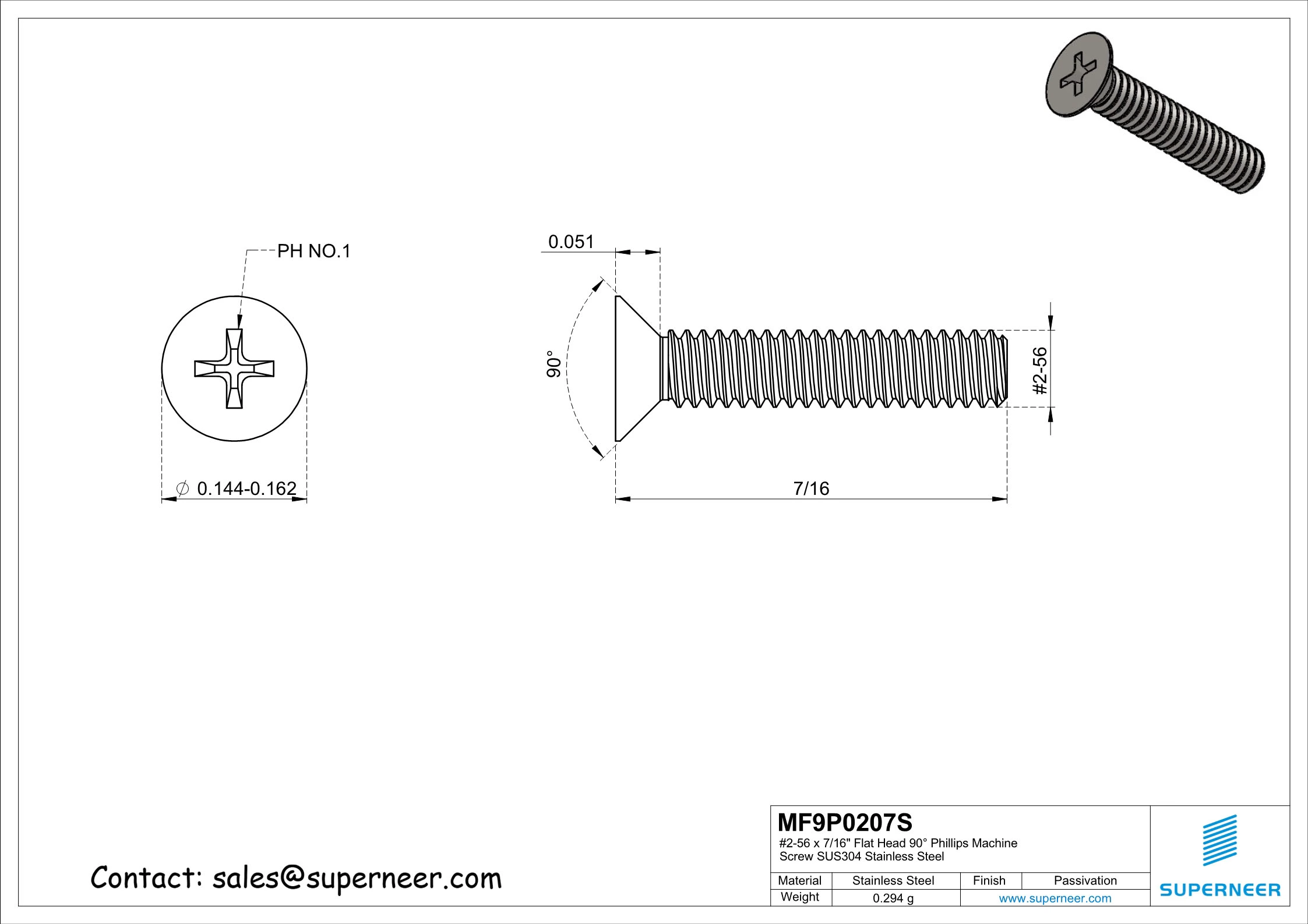 2-56 x 7/16" Flat Head 90&deg;  Phillips Machine Screw SUS304 Stainless Steel Inox ANSI/ASME B18.6.3 