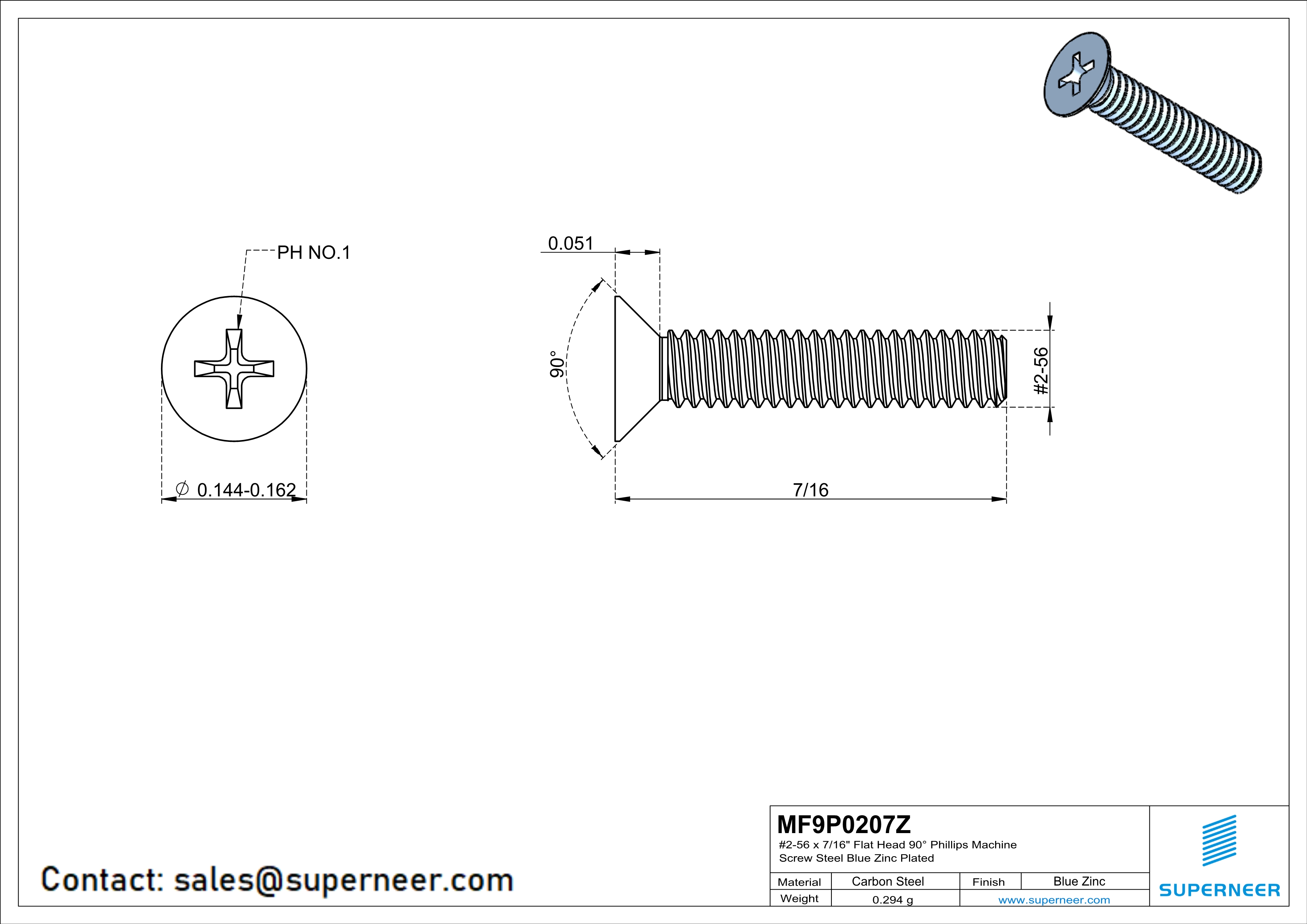 2-56 x 7/16" Flat Head 90&deg; Phillips Machine Screw Steel Blue Zinc Plated ANSI/ASME B18.6.3 