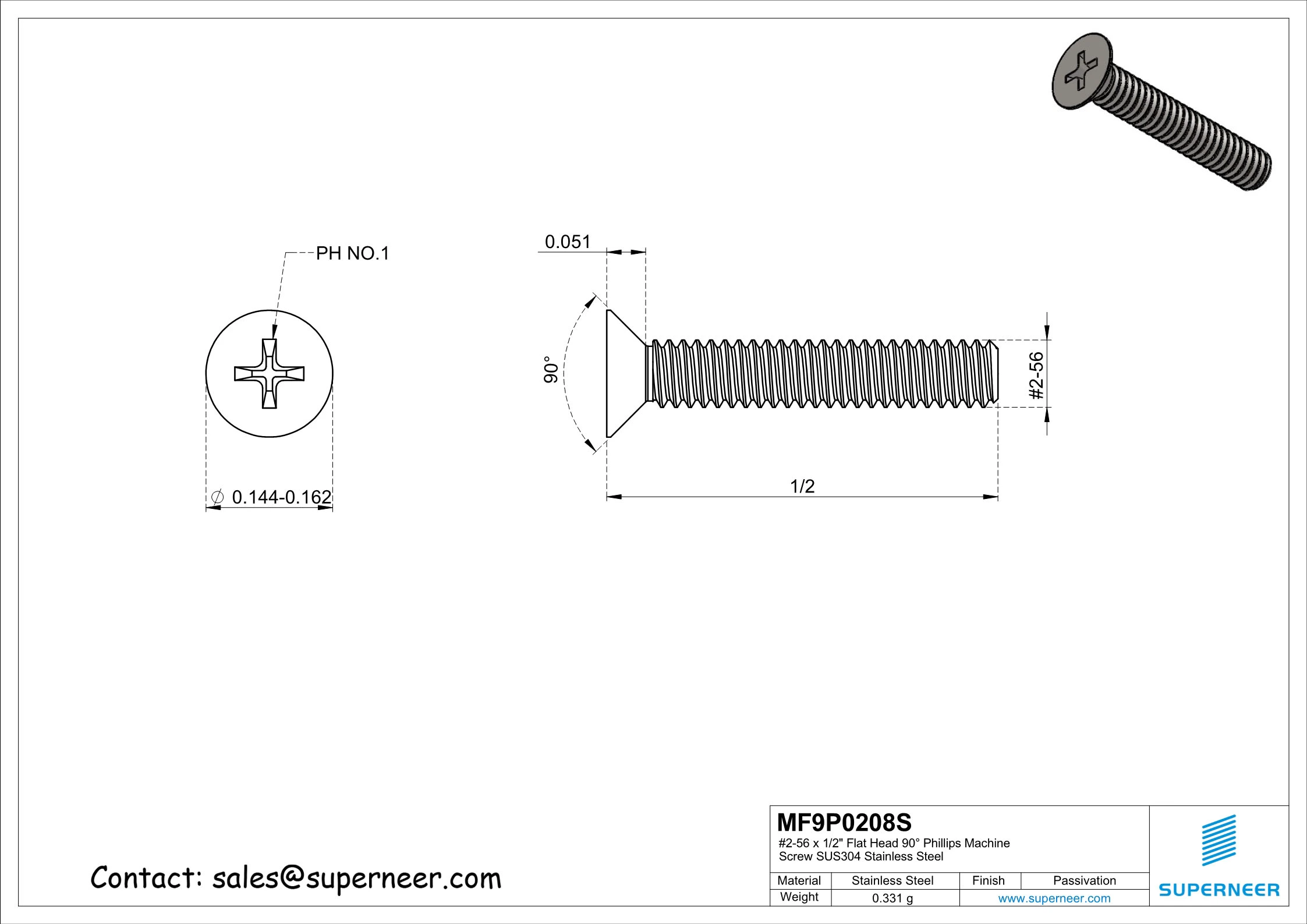 2-56 x 1/2" Flat Head 90&deg;  Phillips Machine Screw SUS304 Stainless Steel Inox ANSI/ASME B18.6.3 
