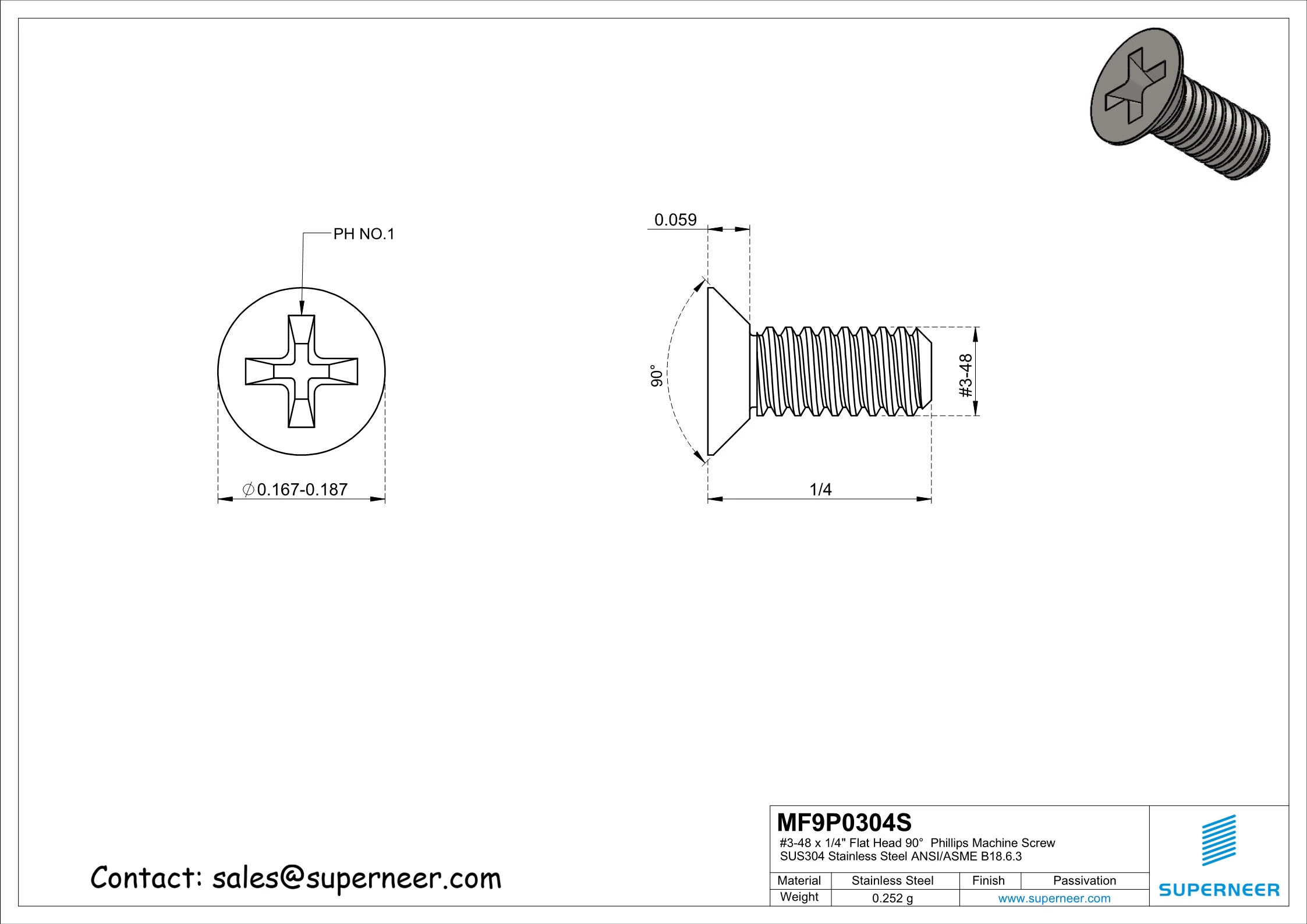3-48 x 1/4" Flat Head 90&deg;  Phillips Machine Screw SUS304 Stainless Steel Inox ANSI/ASME B18.6.3 