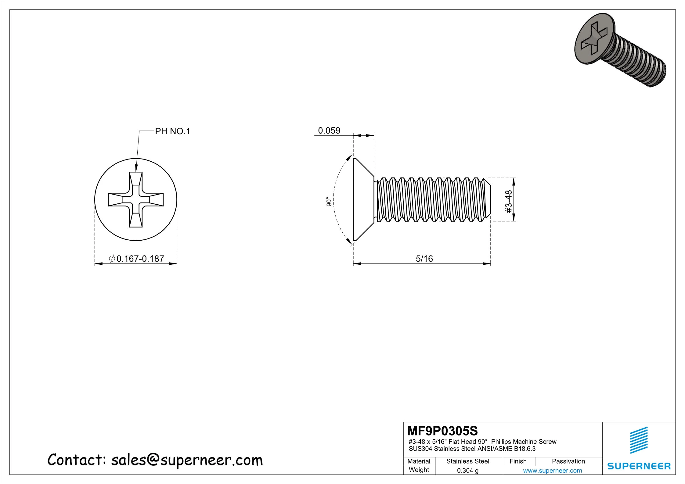 3-48 x 5/16" Flat Head 90&deg;  Phillips Machine Screw SUS304 Stainless Steel Inox ANSI/ASME B18.6.3 