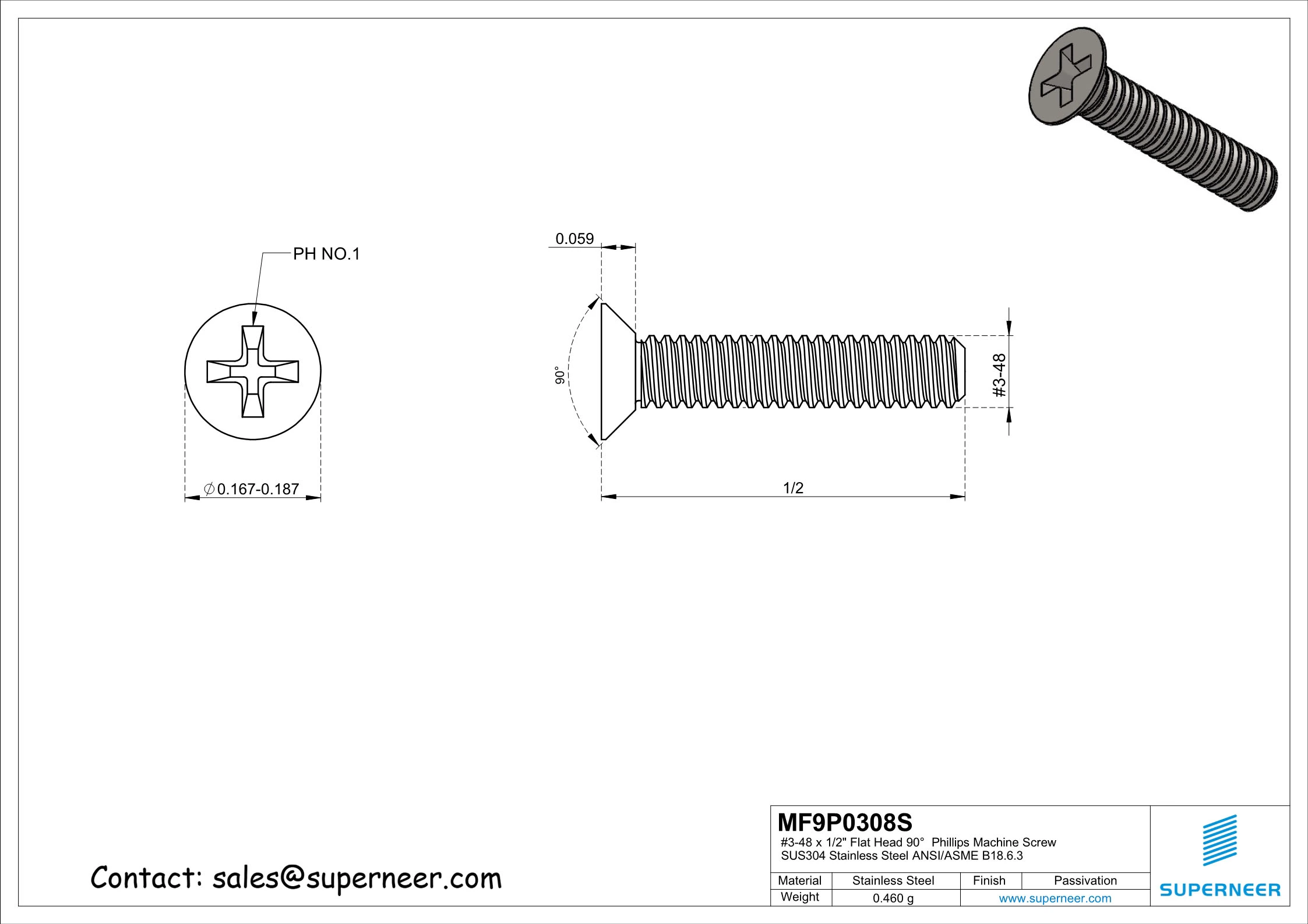 3-48 x 1/2" Flat Head 90&deg;  Phillips Machine Screw SUS304 Stainless Steel Inox ANSI/ASME B18.6.3 