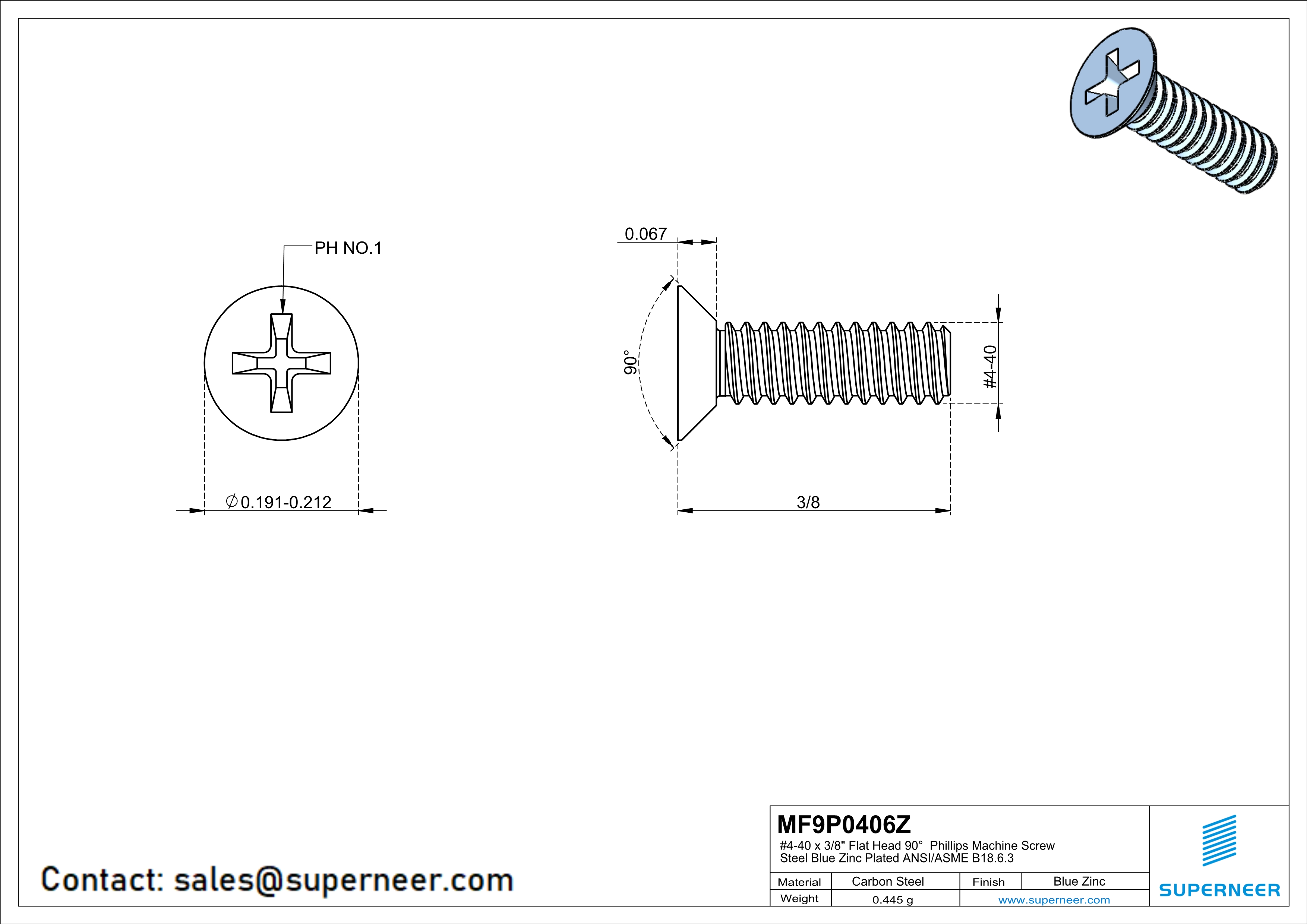 4-40 x 3/8" Flat Head 90&deg; Phillips Machine Screw Steel Blue Zinc Plated ANSI/ASME B18.6.3 