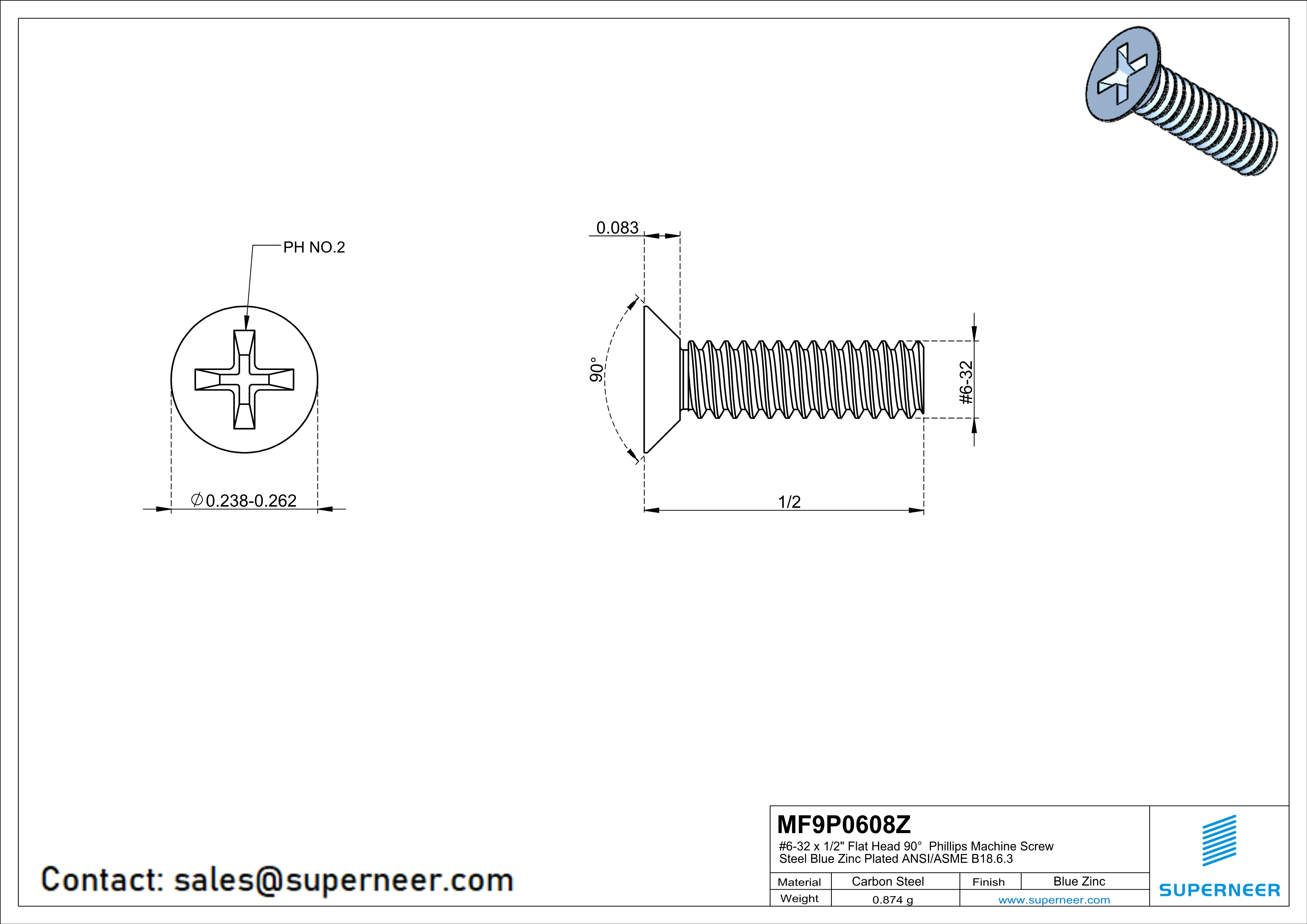 6-32 x 1/2" Flat Head 90&deg; Phillips Machine Screw Steel Blue Zinc Plated ANSI/ASME B18.6.3 