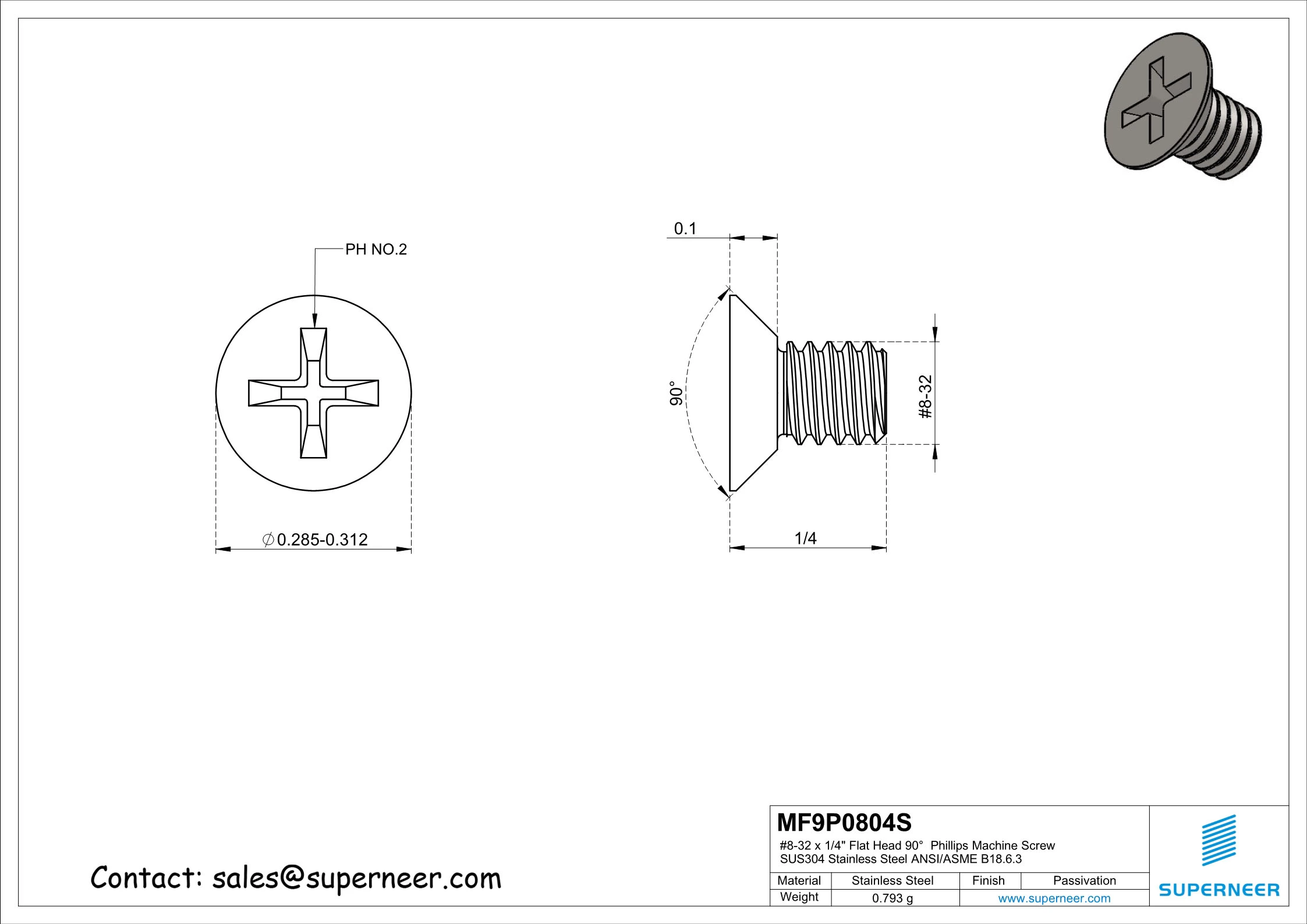 8-32 x 1/4" Flat Head 90&deg;  Phillips Machine Screw SUS304 Stainless Steel Inox ANSI/ASME B18.6.3 