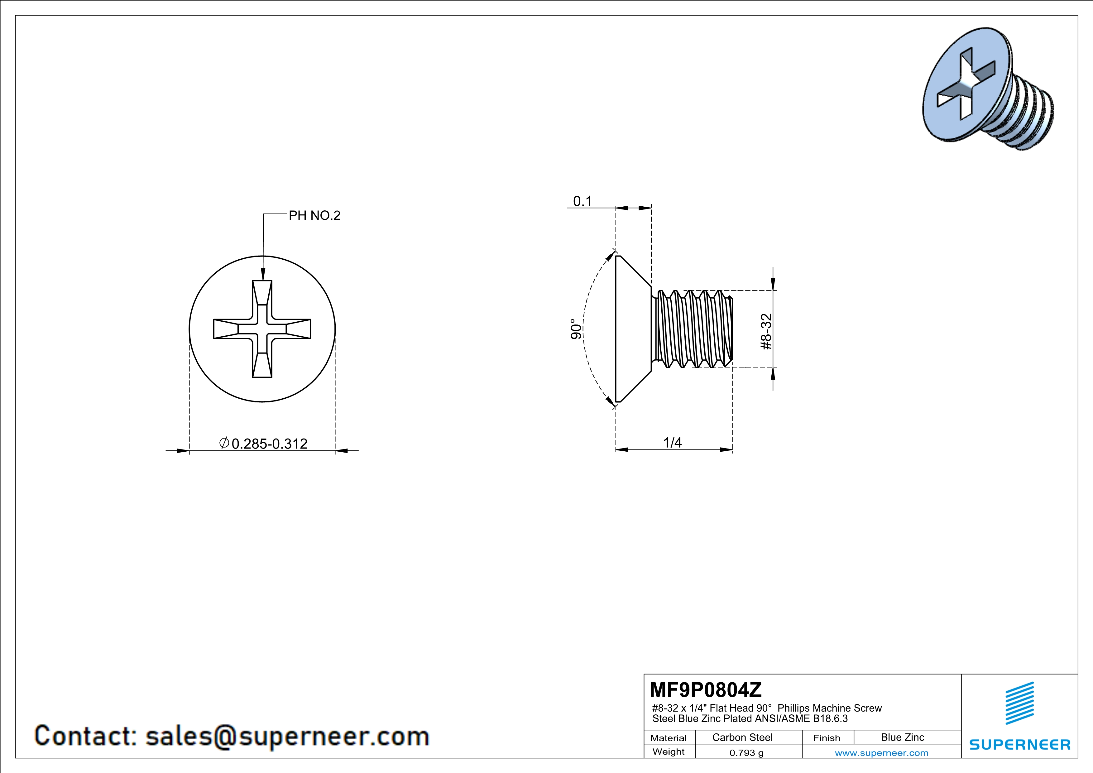 8-32 x 1/4" Flat Head 90&deg; Phillips Machine Screw Steel Blue Zinc Plated ANSI/ASME B18.6.3 