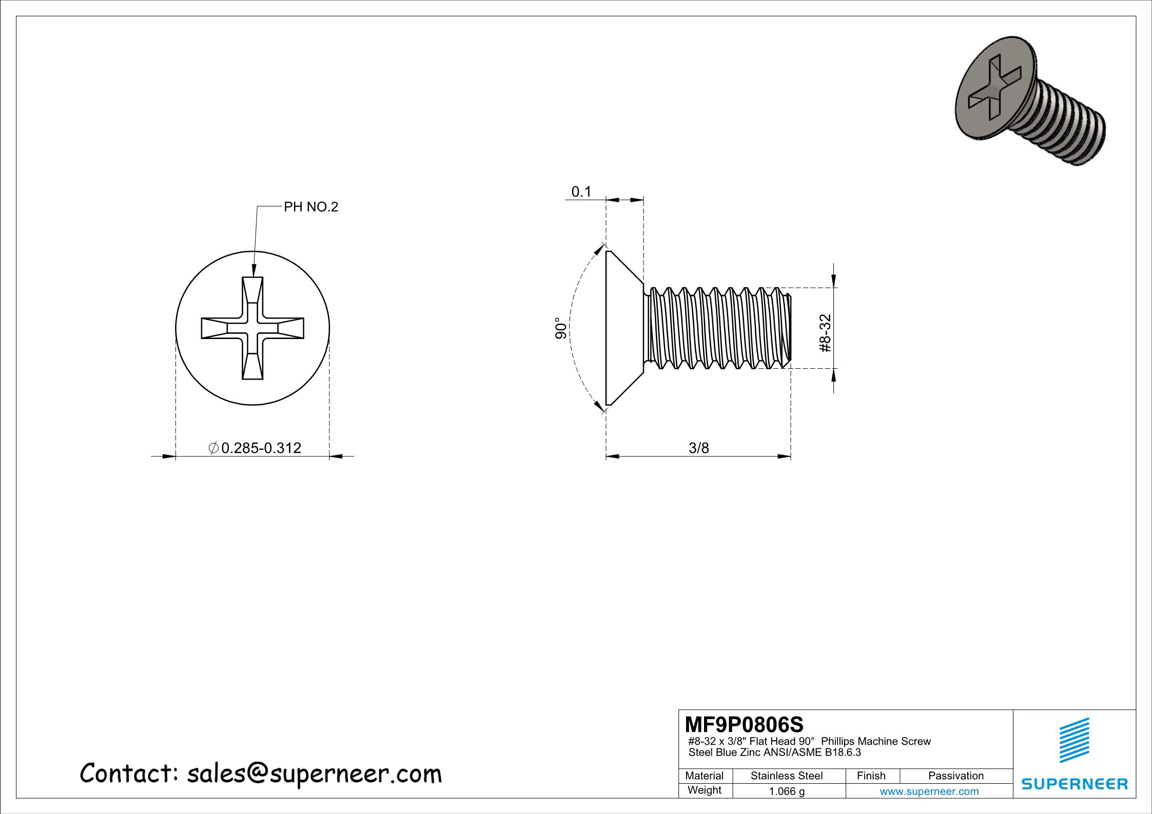 8-32  x 3/8" Flat Head 90&deg;  Phillips Machine Screw SUS304 Stainless Steel Inox ANSI/ASME B18.6.3 