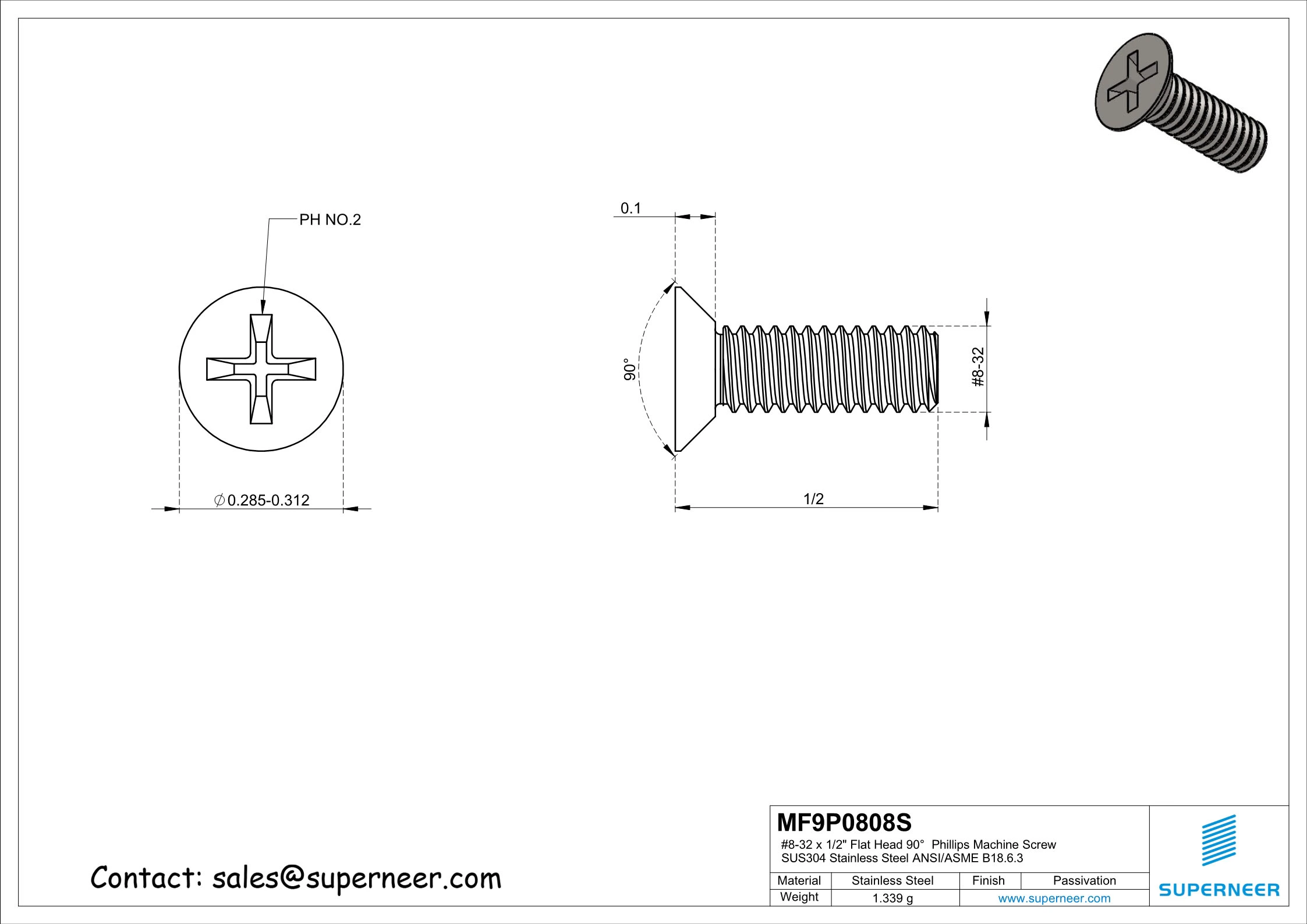 8-32 x 1/2" Flat Head 90&deg;  Phillips Machine Screw SUS304 Stainless Steel Inox ANSI/ASME B18.6.3 