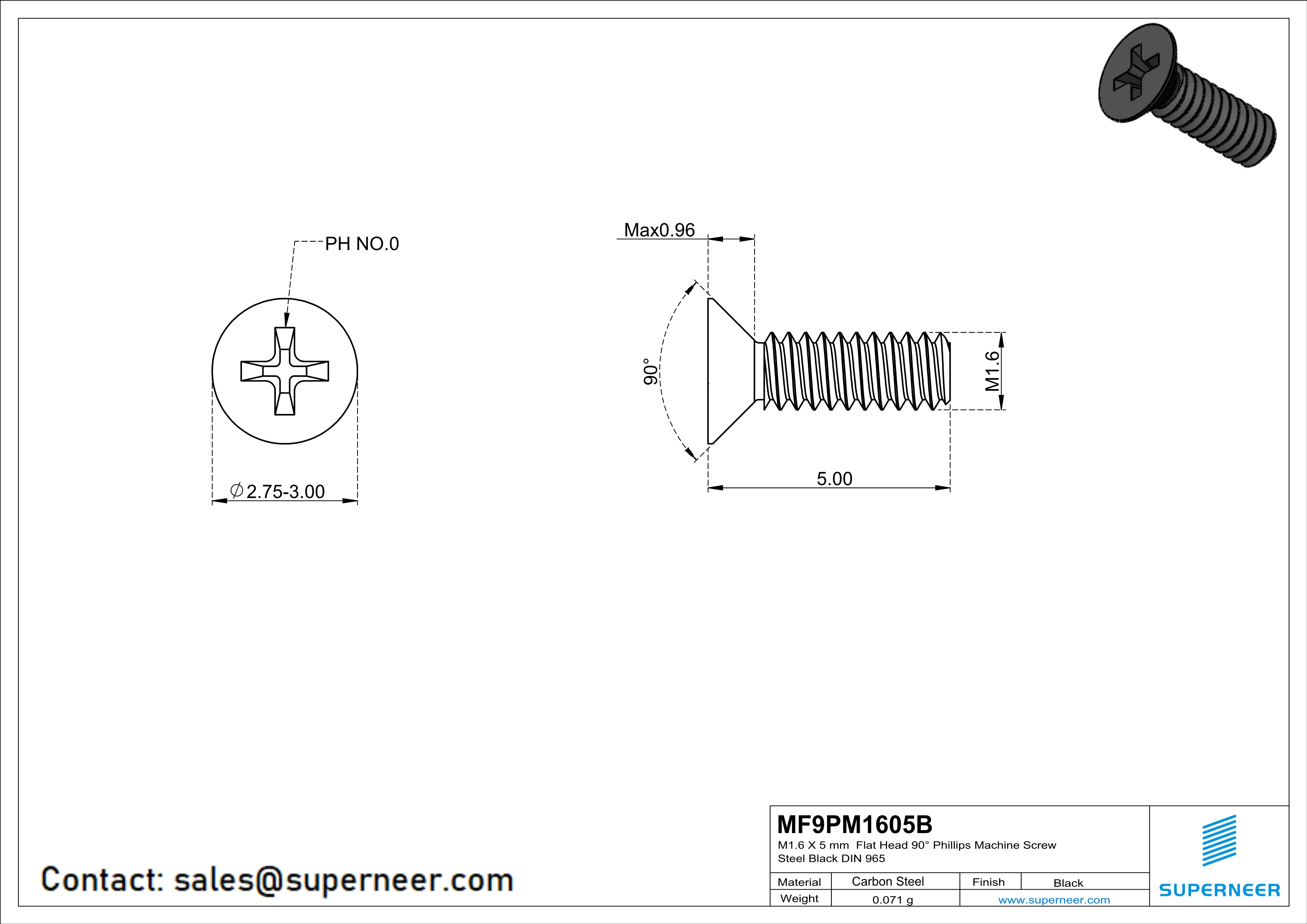M1.6 x 5 mm Flat Head 90&deg; Phillips Machine Screw Steel Black DIN 965
