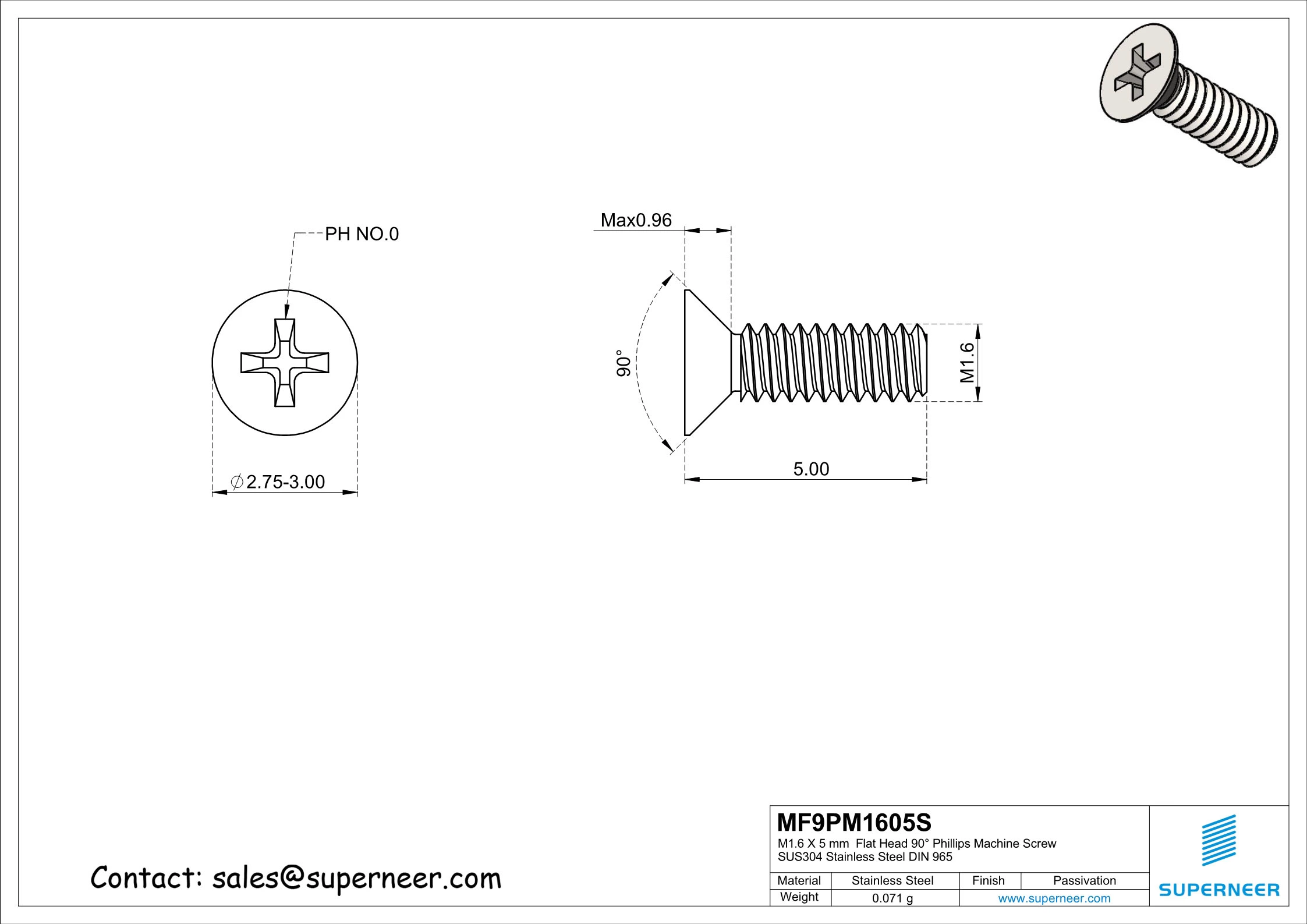 M1.6 x 5 mm  Flat Head 90&deg; Phillips Machine Screw SUS304 Stainless Steel Inox DIN 965