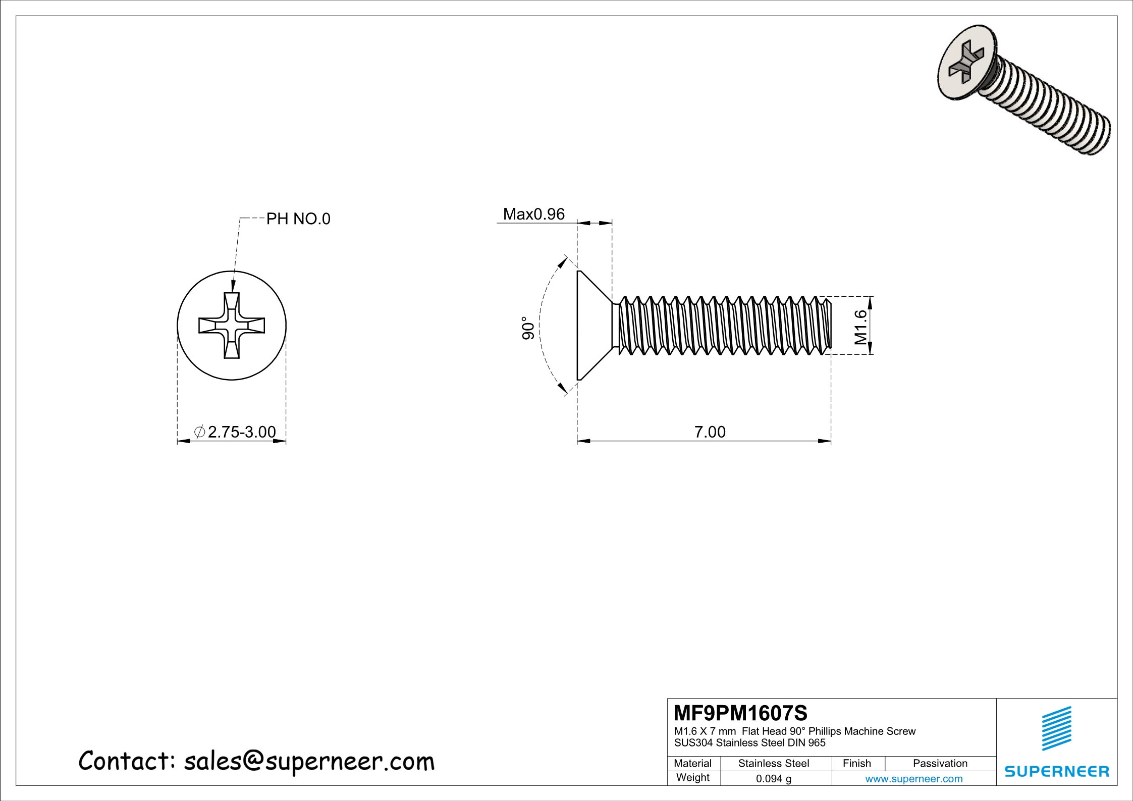 M1.6  x 7 mm  Flat Head 90&deg; Phillips Machine Screw SUS304 Stainless Steel Inox DIN 965