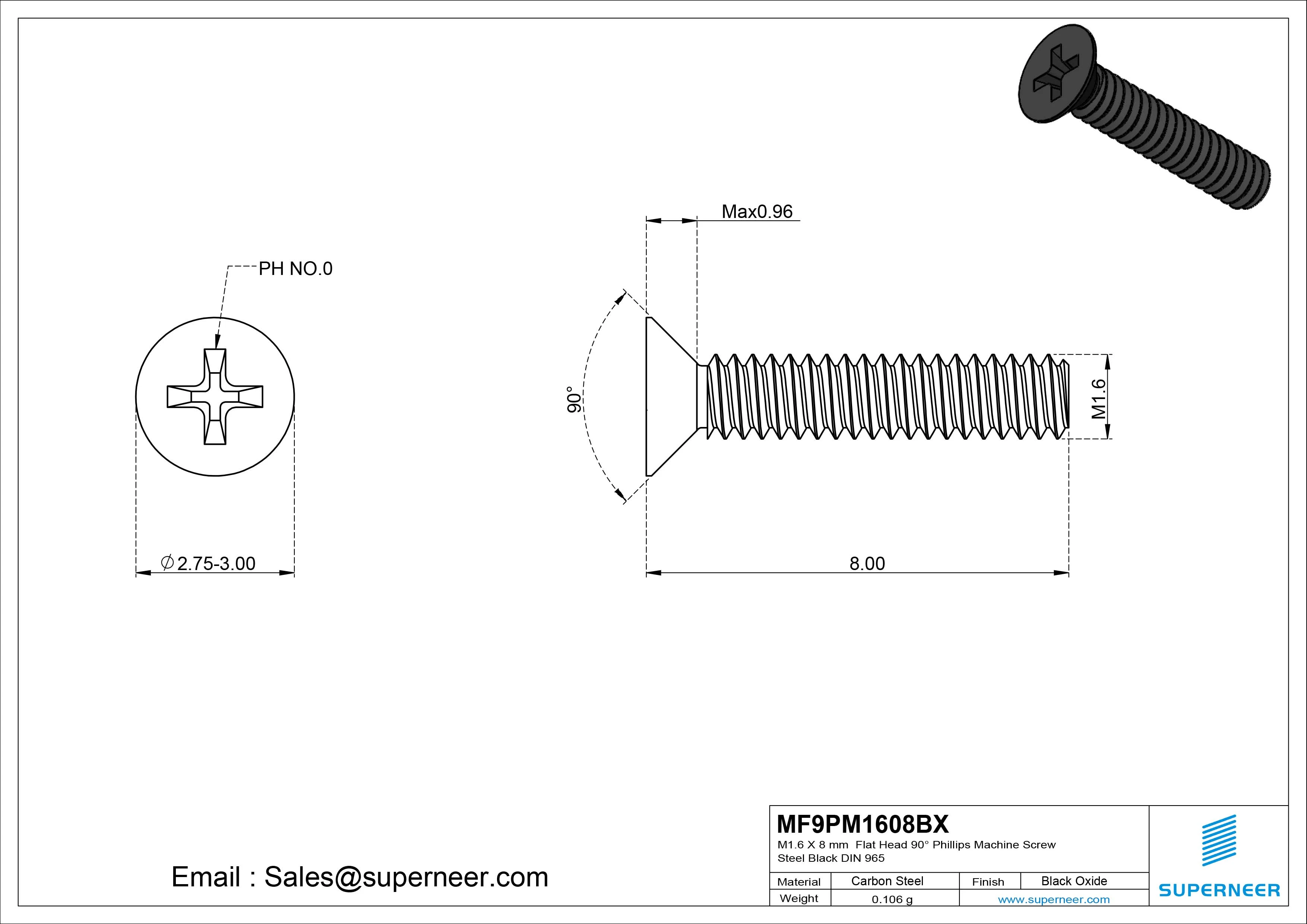M1.6 x 8 mm Flat Head 90&deg; Phillips Machine Screw Steel Black Oxide DIN 965