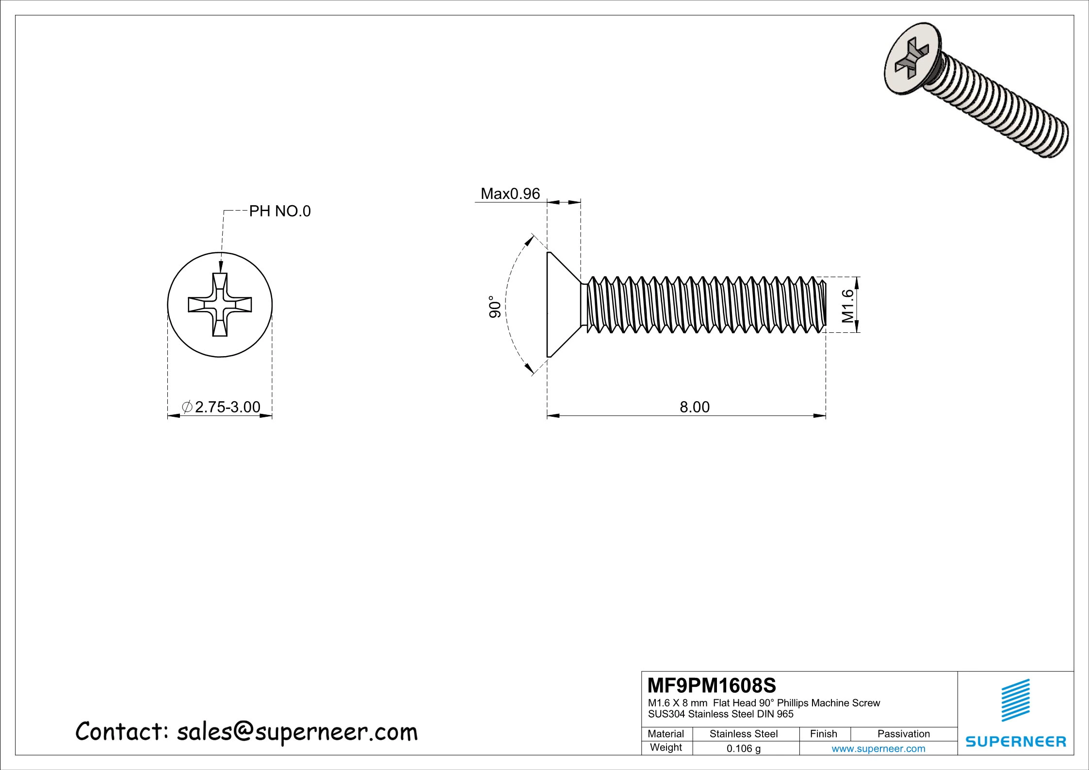 M1.6  x 8 mm  Flat Head 90&deg; Phillips Machine Screw SUS304 Stainless Steel Inox DIN 965