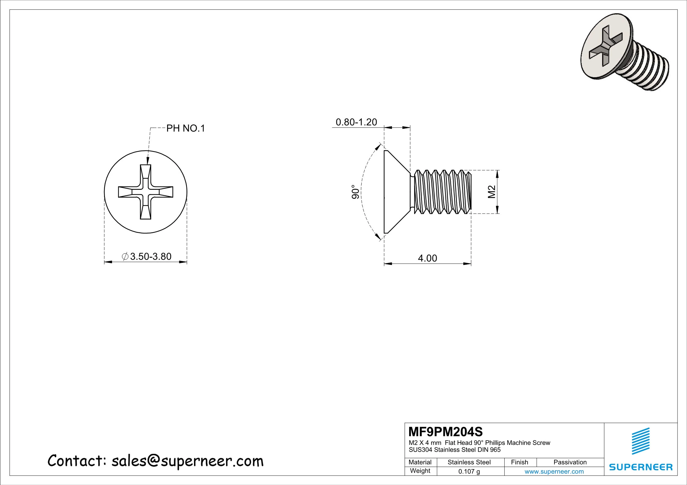M2 x 4 mm  Flat Head 90&deg; Phillips Machine Screw SUS304 Stainless Steel Inox DIN 965