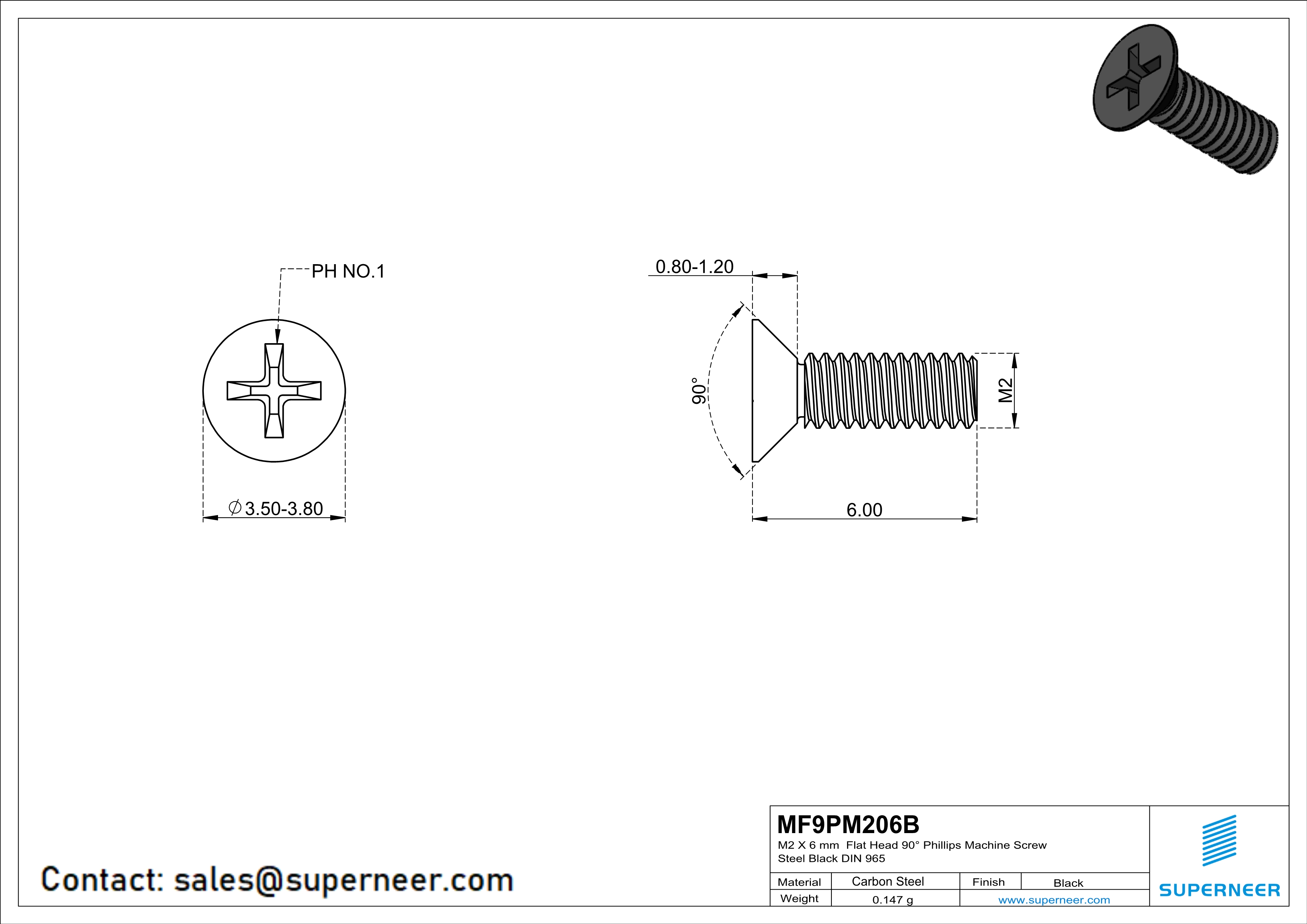 M2 x 6 mm Flat Head 90&deg; Phillips Machine Screw Steel Black DIN 965