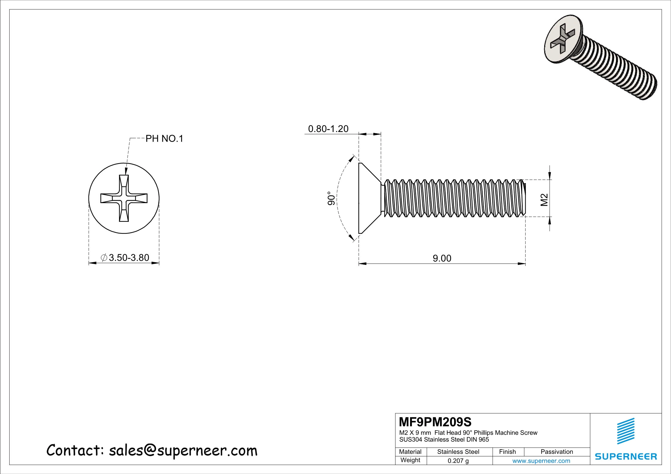 M2 x 9 mm  Flat Head 90&deg; Phillips Machine Screw SUS304 Stainless Steel Inox DIN 965