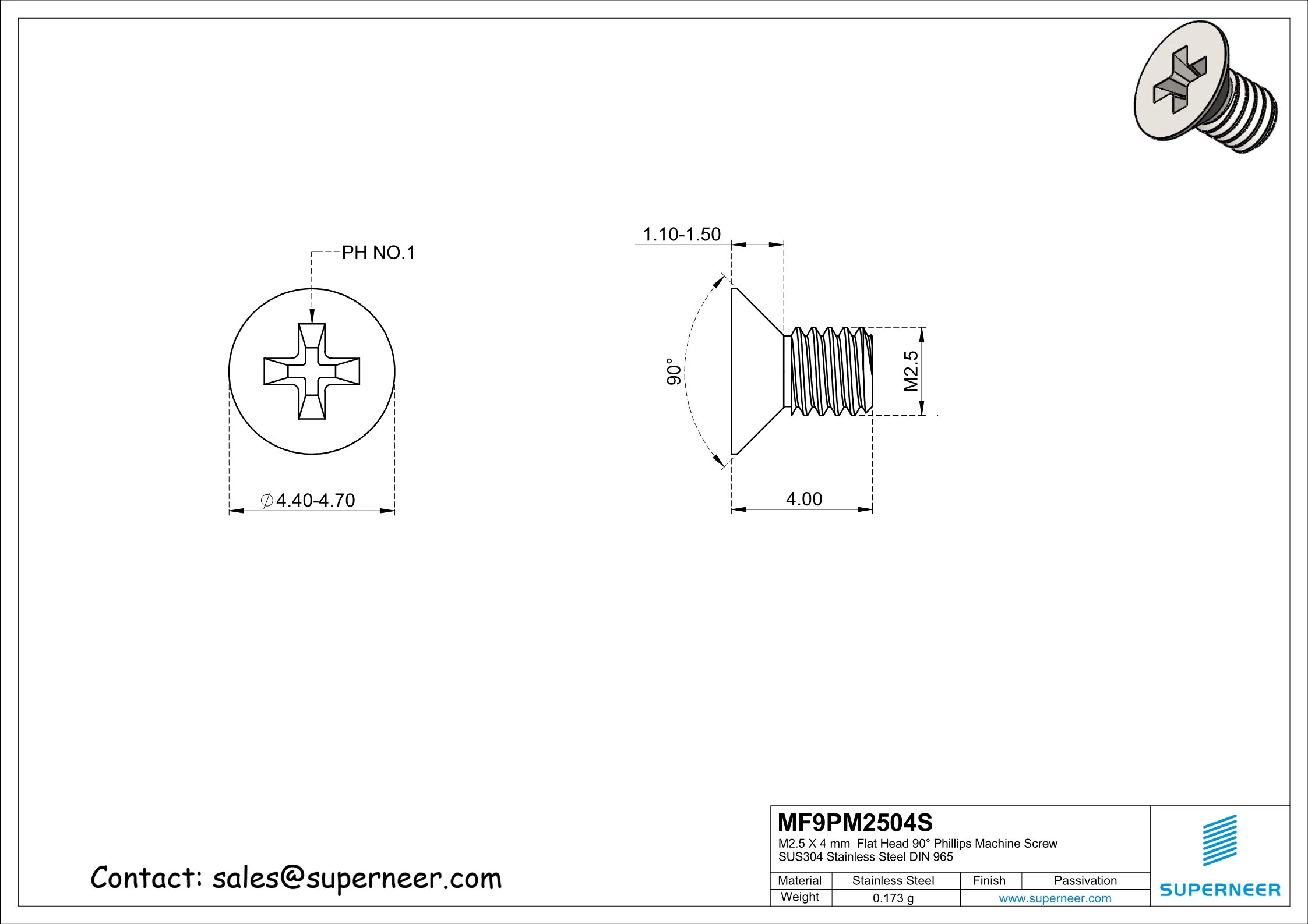 M2.5 x 4 mm  Flat Head 90&deg; Phillips Machine Screw SUS304 Stainless Steel Inox DIN 965