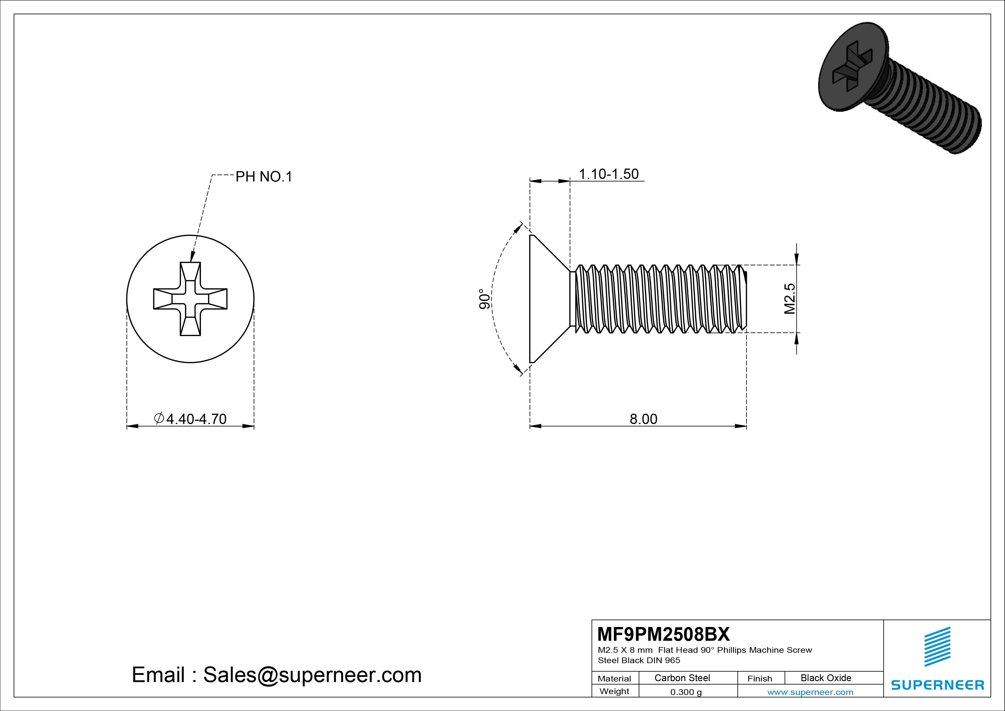 M2.5 x 8 mm Flat Head 90&deg; Phillips Machine Screw Steel Black Oxide DIN 965