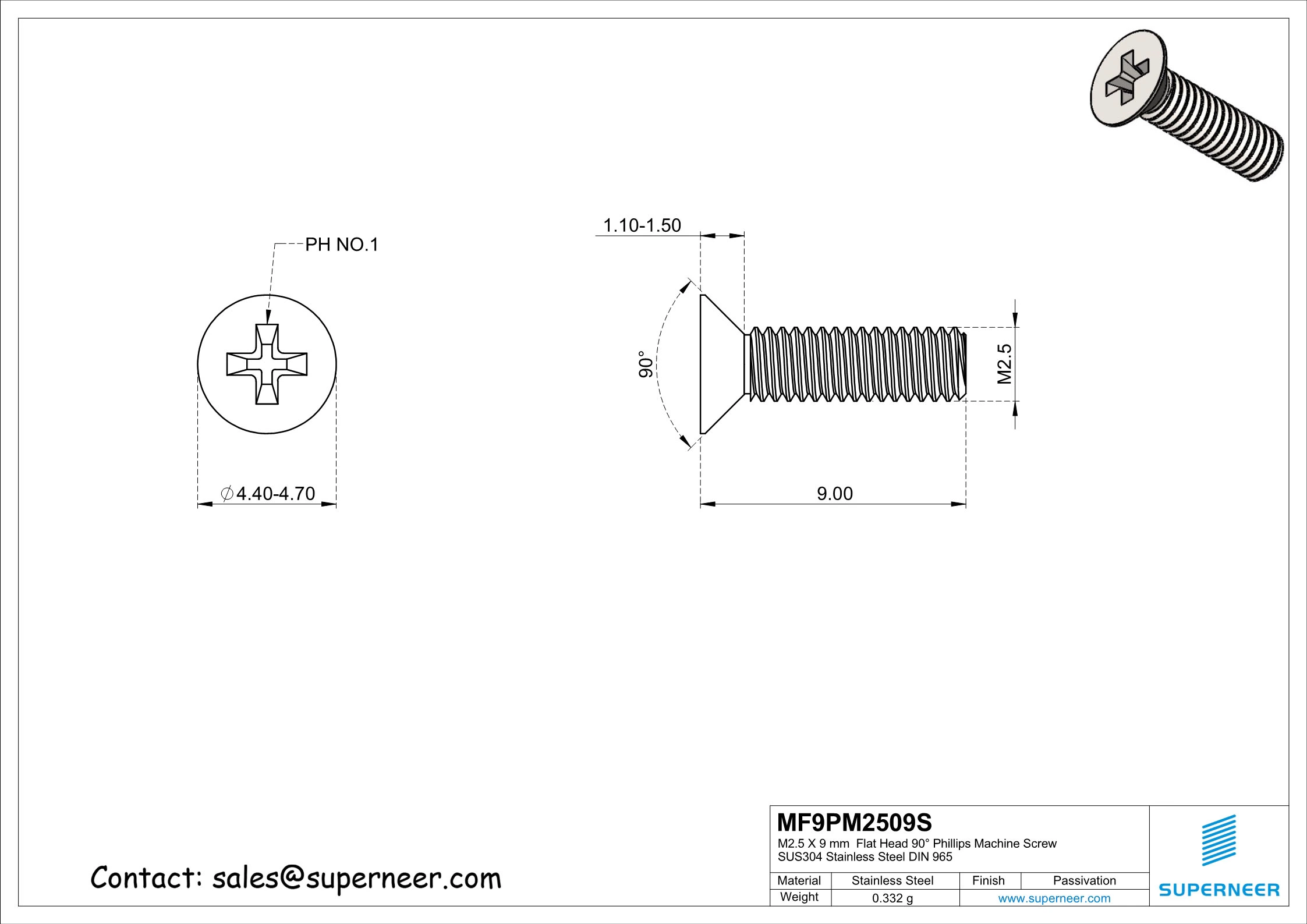 M2.5 x 9 mm  Flat Head 90&deg; Phillips Machine Screw SUS304 Stainless Steel Inox DIN 965