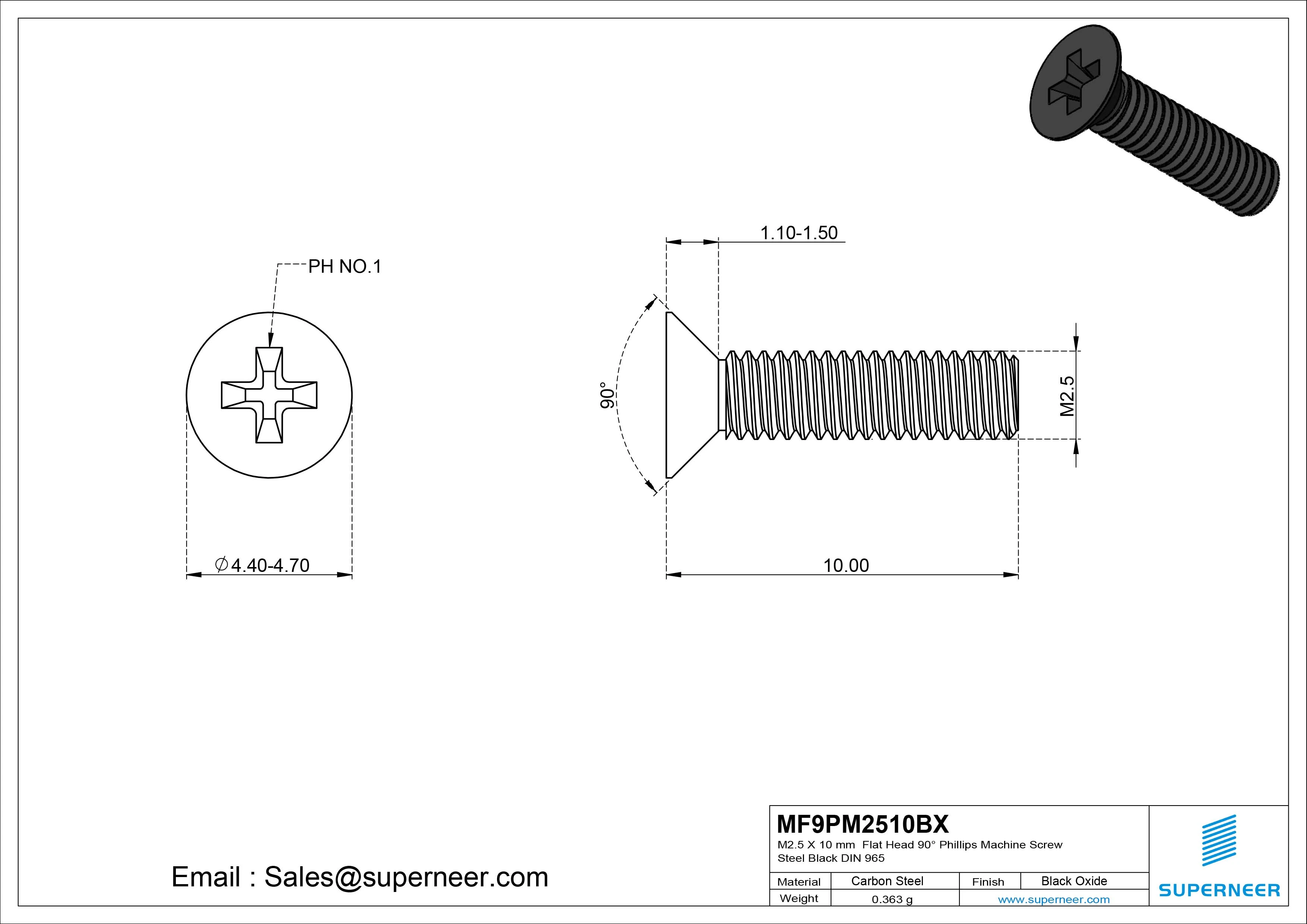 M2.5 x 10 mm Flat Head 90&deg; Phillips Machine Screw Steel Black Oxide DIN 965