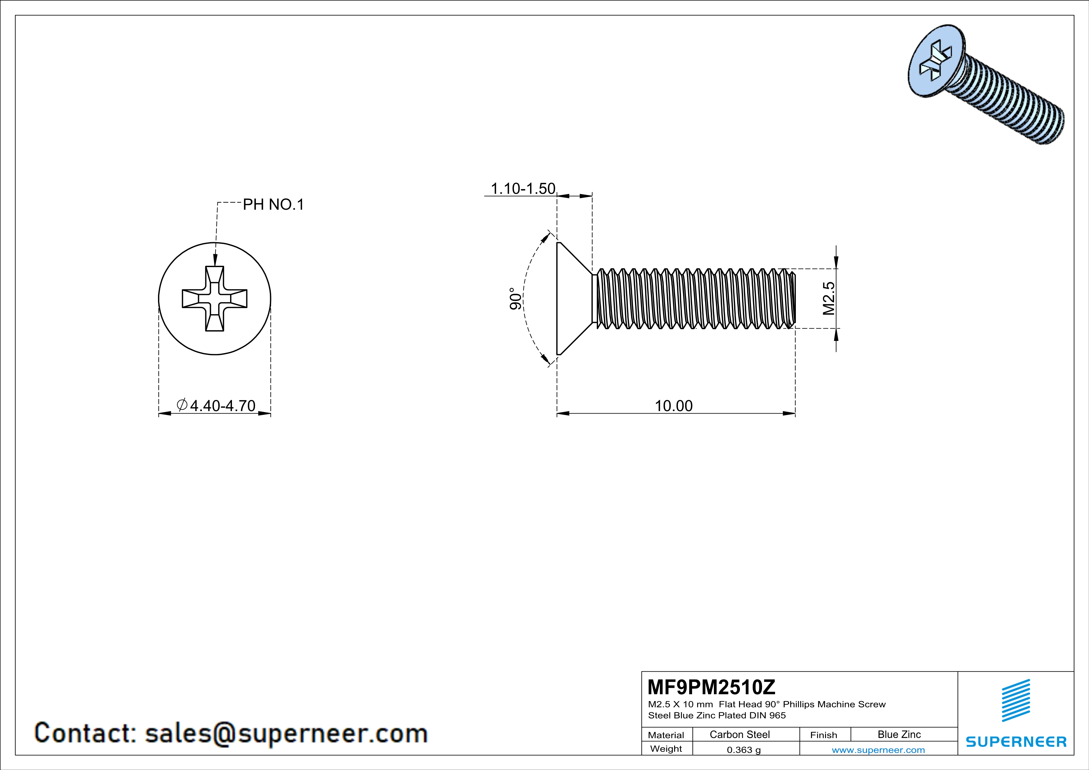 M2.5 x 10 mm Flat Head 90&deg; Phillips Machine Screw Steel Blue Zinc Plated DIN 965