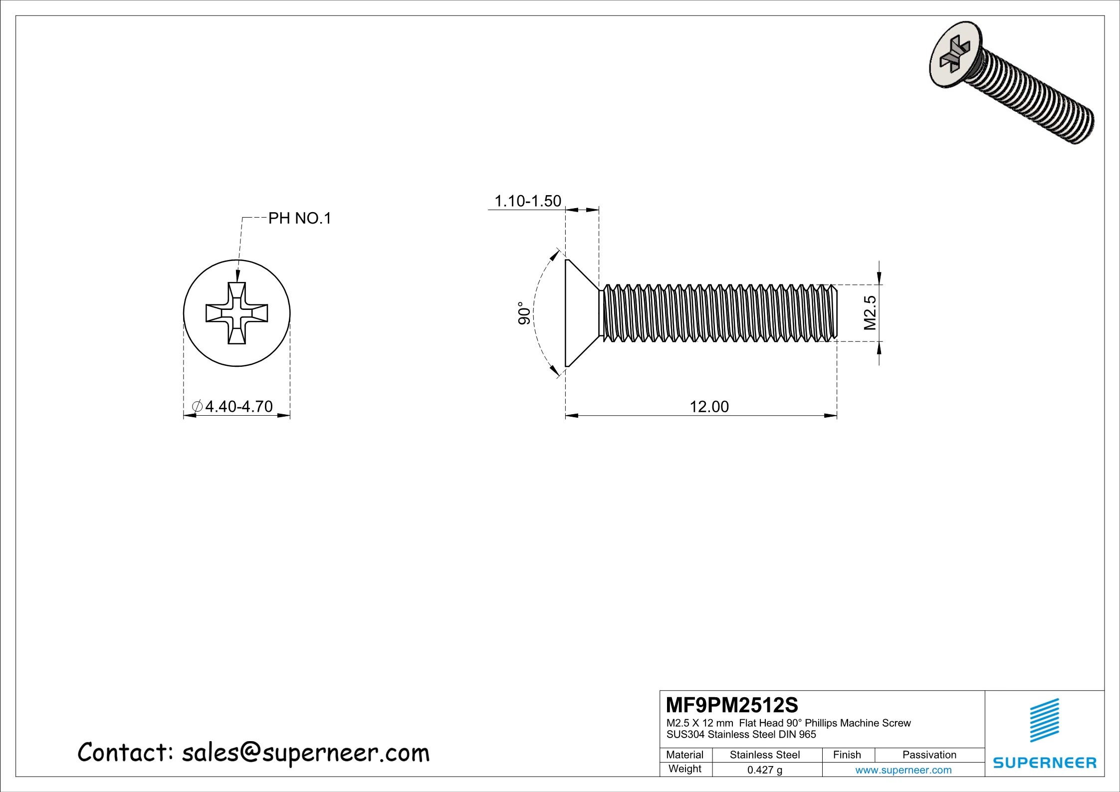M2.5 x 12 mm  Flat Head 90&deg; Phillips Machine Screw SUS304 Stainless Steel Inox DIN 965