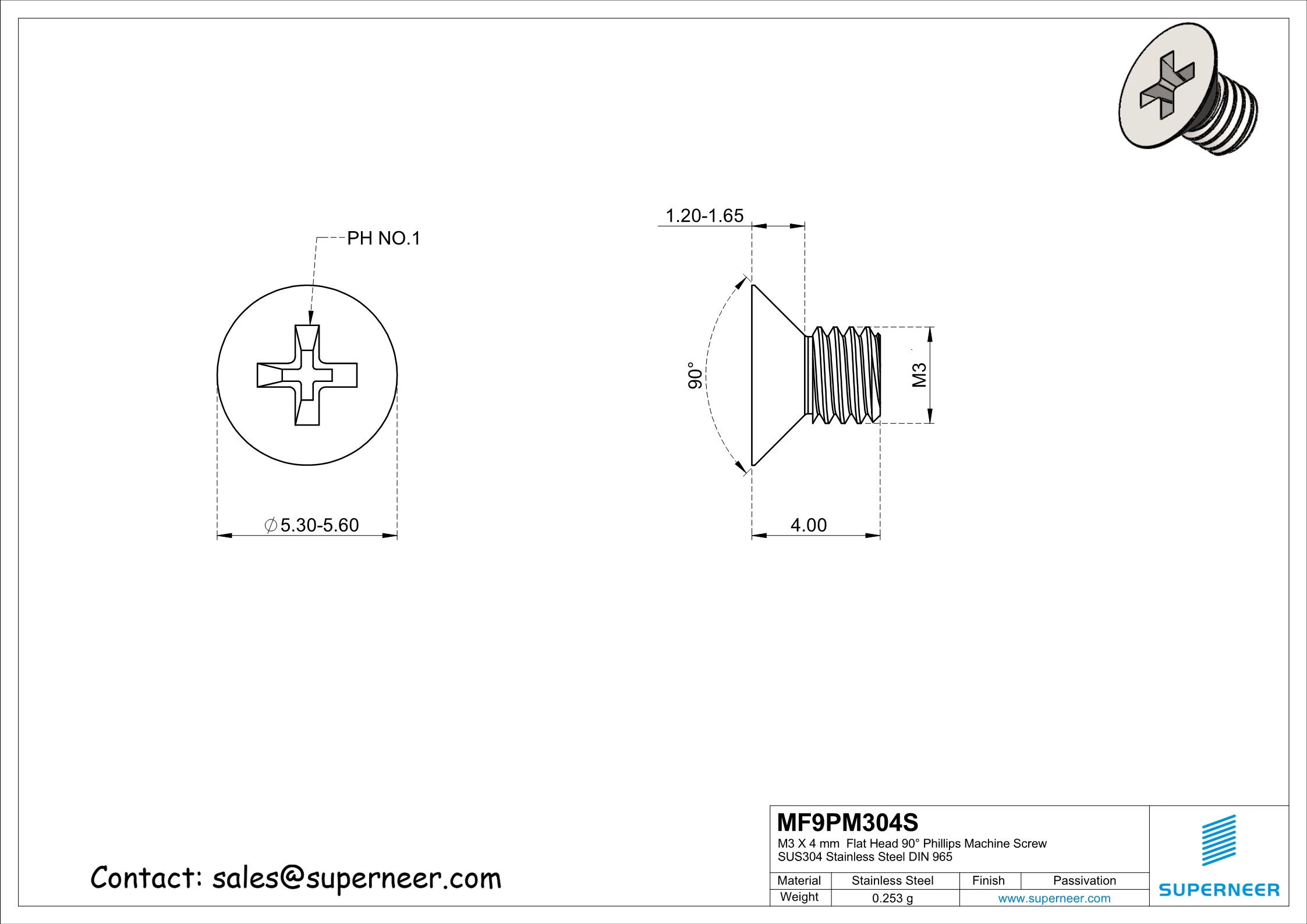 M3 x 4 mm  Flat Head 90&deg; Phillips Machine Screw SUS304 Stainless Steel Inox DIN 965