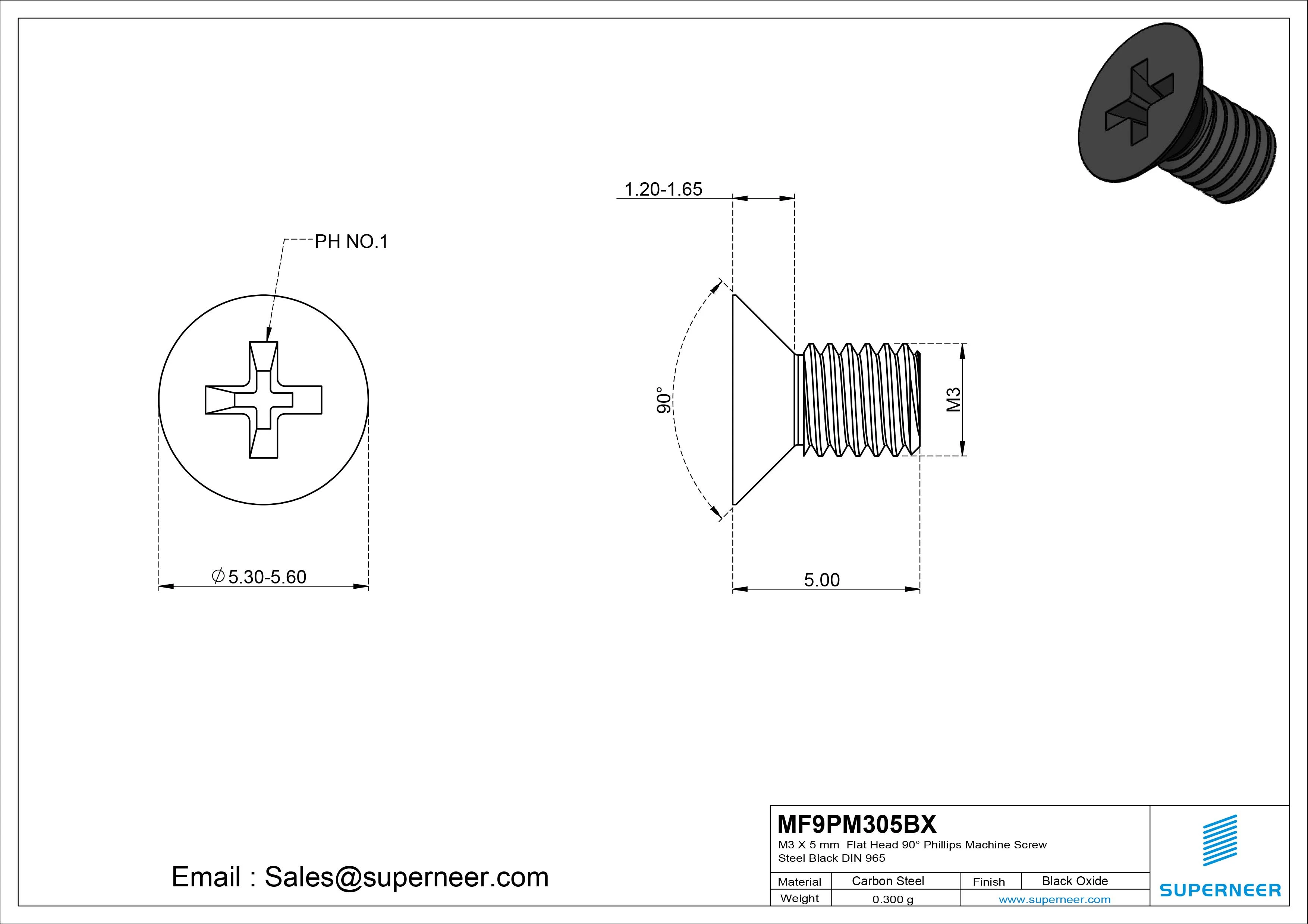 M3 x 5 mm Flat Head 90&deg; Phillips Machine Screw Steel Black Oxide DIN 965